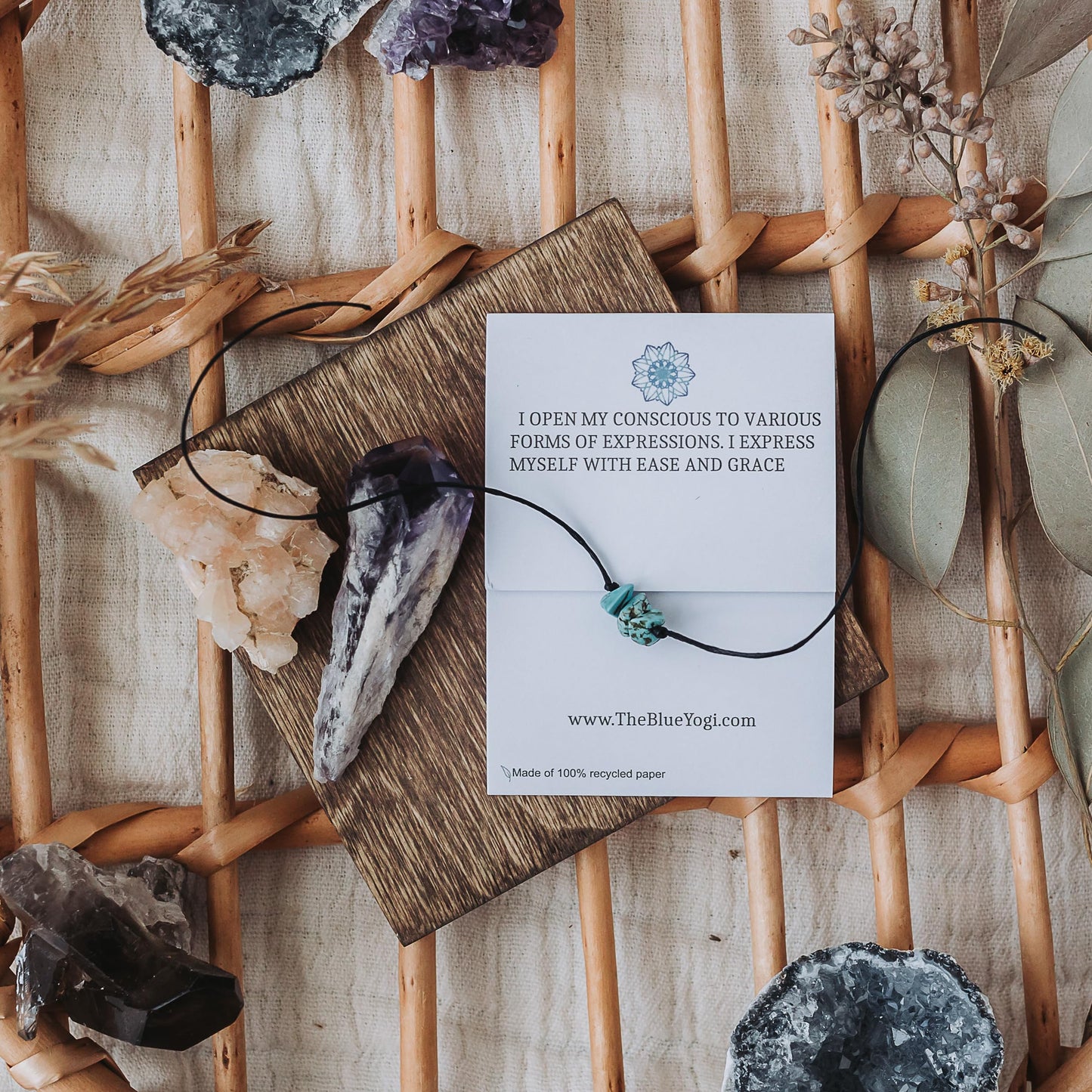 The Blue Yogi Turquoise Healing Bracelet Anklet 2-in-1 Adjustable Spiritual Crystal Bracelet Protection Energy Jewelry with Affirmation Card