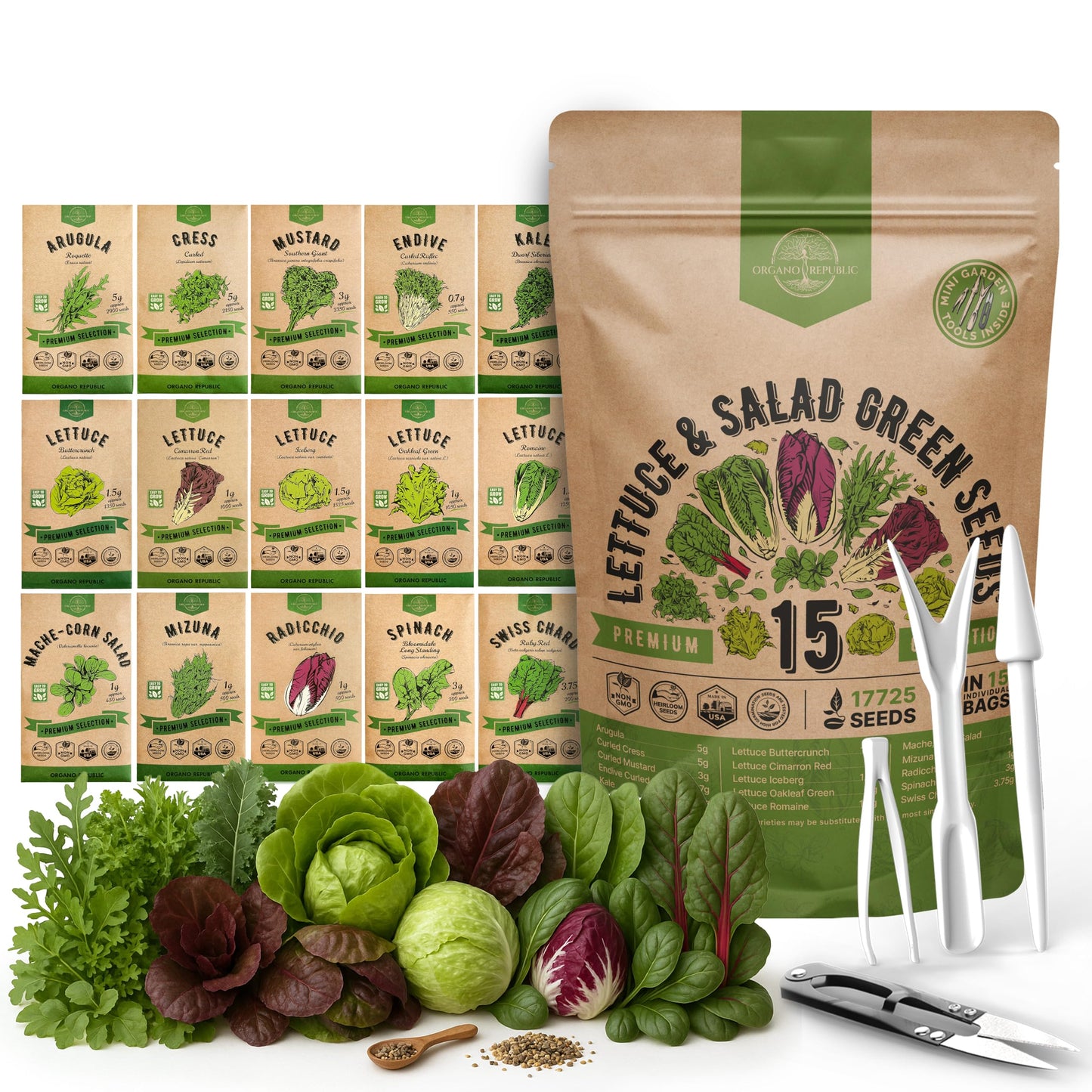 Organo Republic 15 Lettuce & Salad Greens Seeds Variety Pack 17700+ Non-GMO Heirloom Lettuce Seeds for Indoors & Outdoors Garden, Hydroponics, Aerogarden - Arugula, Kale, Spinach, Swiss Chard, Lettuce