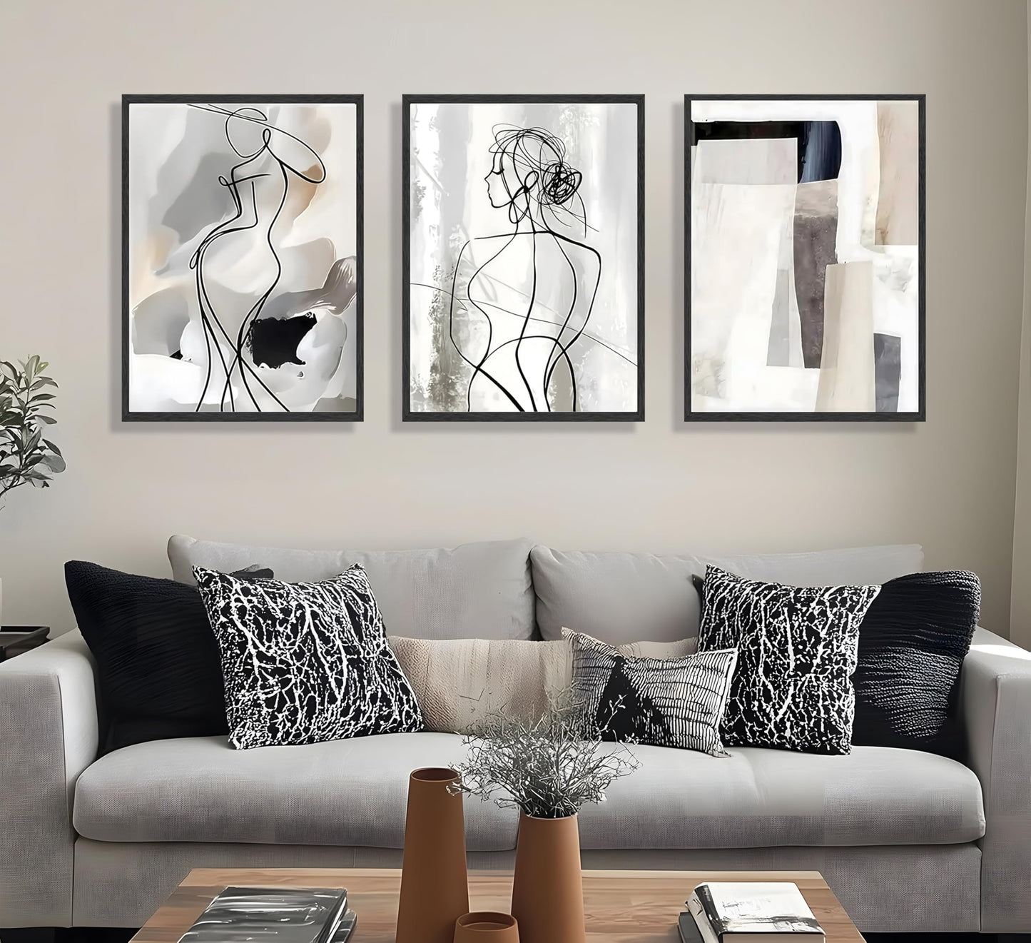 3pcs Black White Abstract Line Wall Art Female Figure Silhouette & Geometric Elements Pictures Posters Modern Minimalist Canvas Paintings Wall Decor For Living Room Bedroom Decoration Unframed