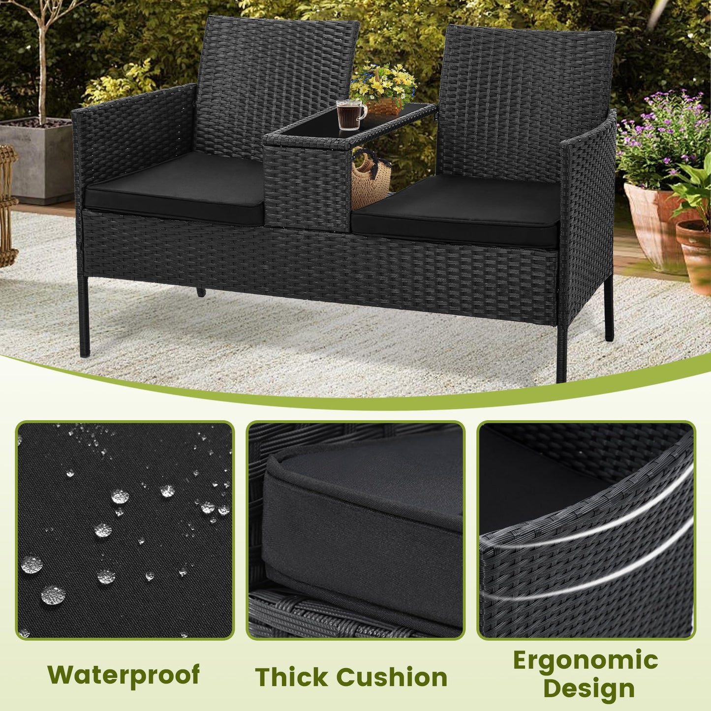 Kromax Wicker 2 Seat Patio Loveseat, Outdoor Rattan Loveseat with Table, Washable Cushion Covers, Backyard, Garden, Lawn, Black Rattan with Black Cushion