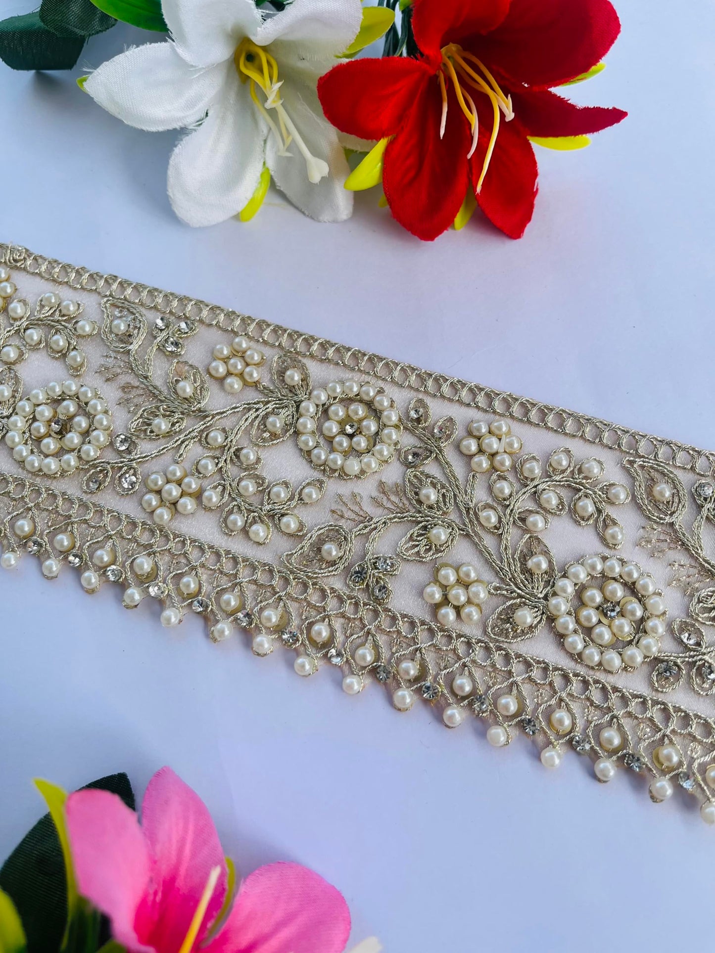 Luxury Pearl Embellished Lace Trim, 3 Inch Wide, Beaded Floral Pattern, Champagne Gold with Faux Pearls, Wedding Dress Decoration, Available in 1, 3 and 6 Yard (1)