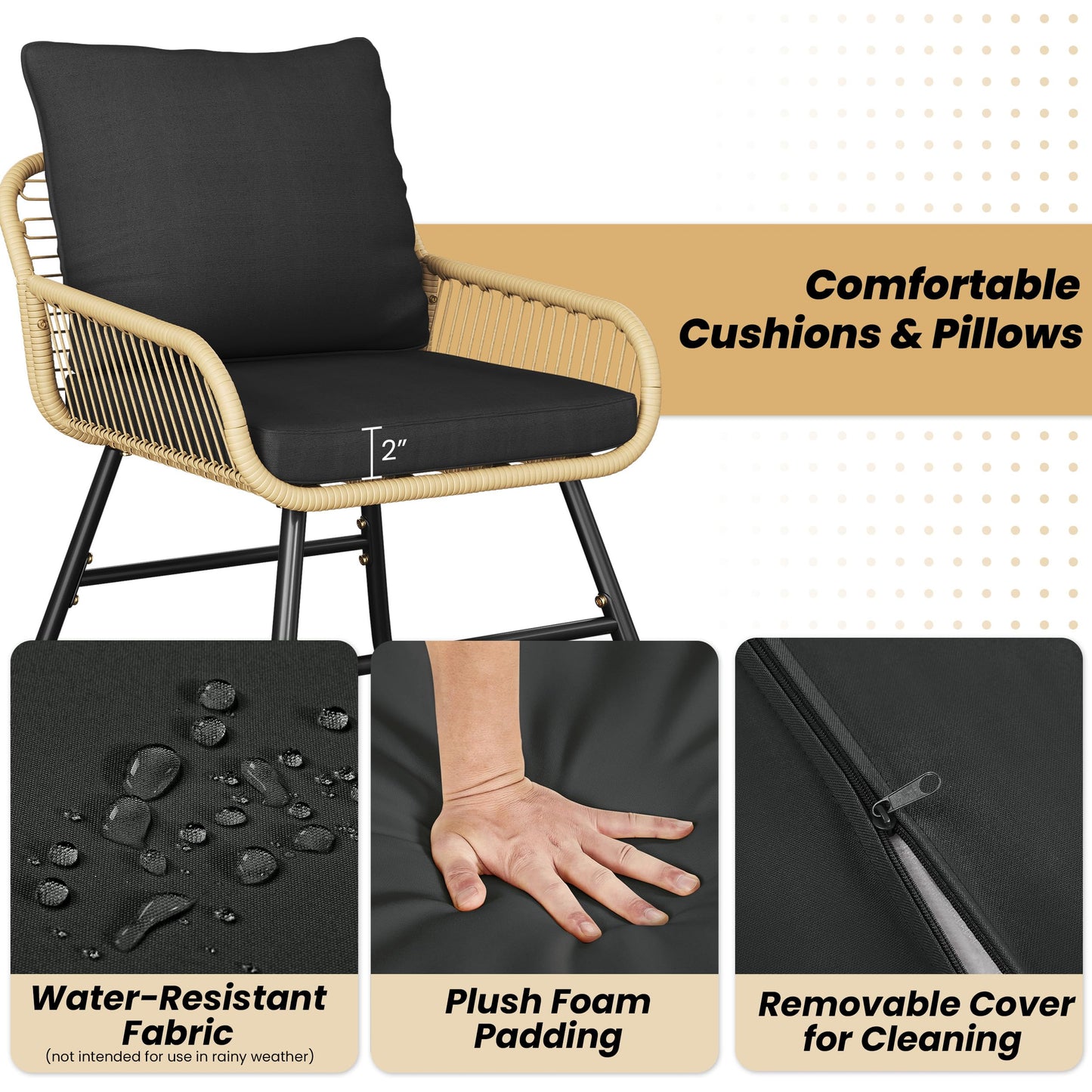 Yaheetech 4 Piece Patio Furniture Set, Outdoor Wicker Conversation Sets, Boho Loveseat & 2 Armchairs with Cushion and Pillow, Glass Top Table for Backyard, Porch, Balcony, Deck - Tan/Black