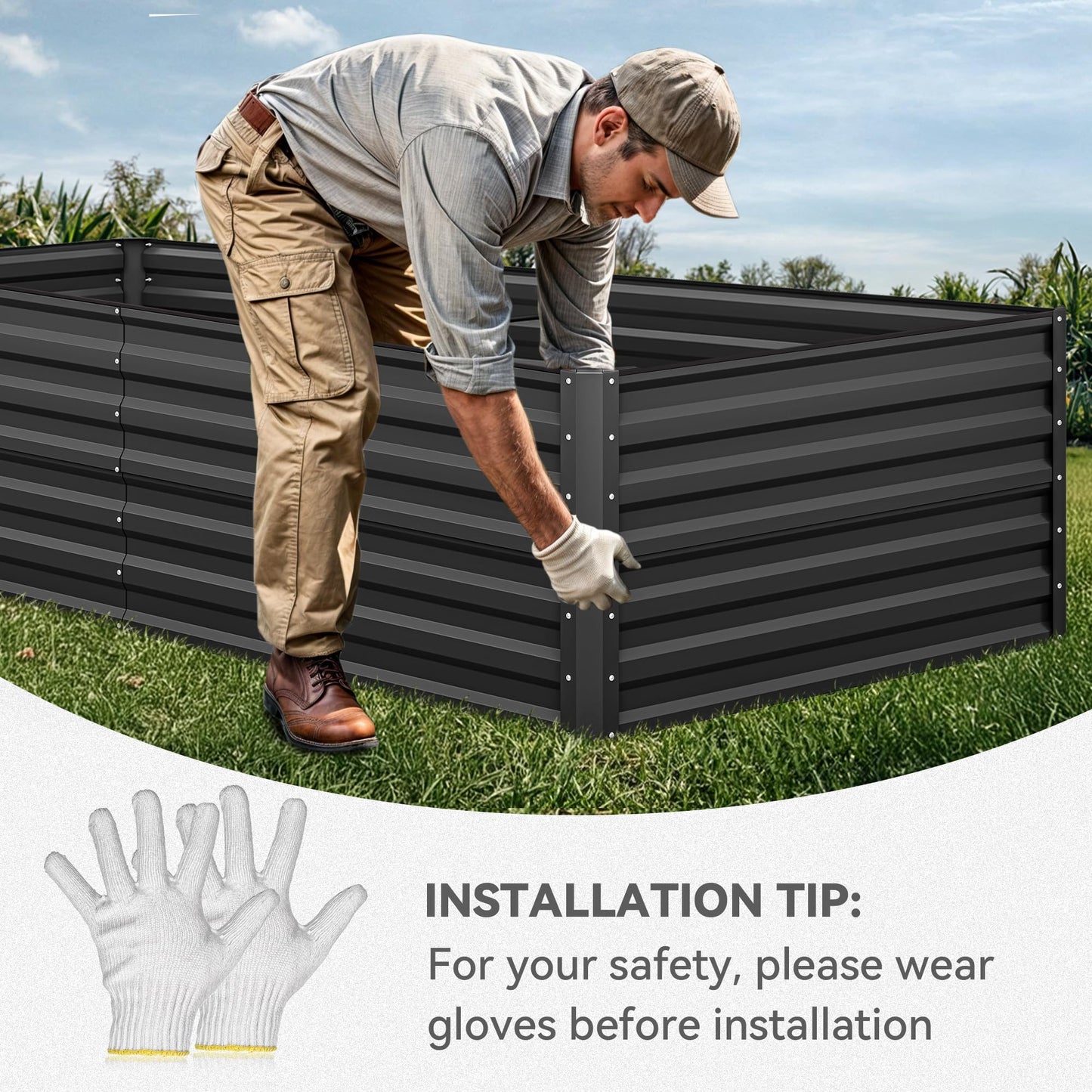 YITAHOME 8x4x2ft Large Raised Garden Bed Kit, Galvanized Metal Planter Box with Gloves, Ground Nails, Support Rod & Safety Rubber, Outdoor Above Ground Planters for Plants Vegetables Flowers, Black