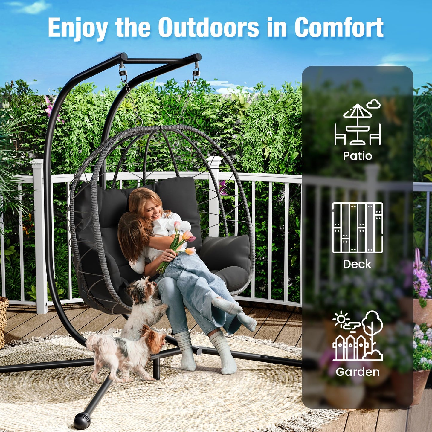 Pamapic 700 LBS Double Egg Chair Outdoor, UV Resistant Cushions Hanging Egg Chair with Armrests & Headrest, Thick Steel Frame Egg Swing Chair with Stand, for Relaxing & Reading Outside/Inside(Grey)