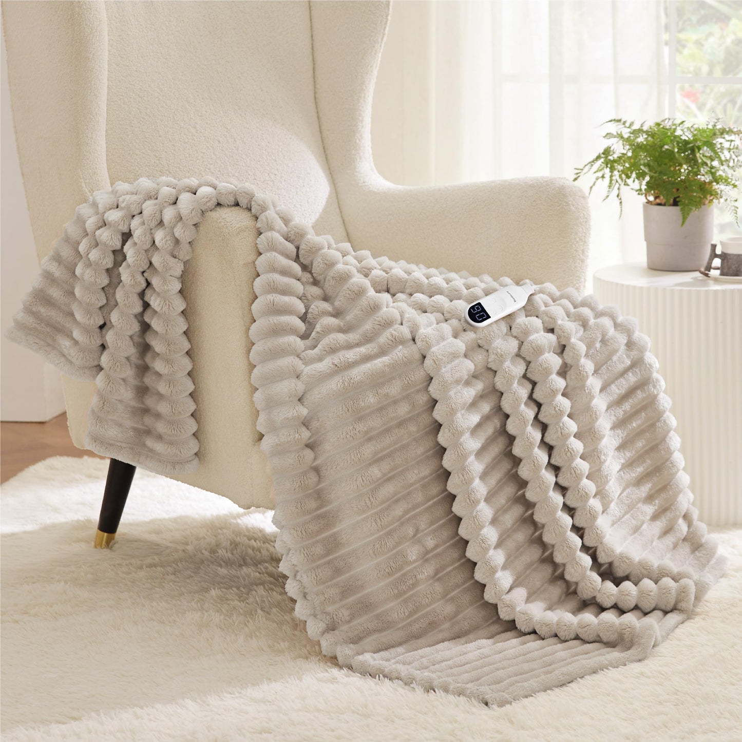 Bedsure Heated Blanket Electric Throw - Thick Striped Flannel Electric Blanket, Heating with 6 Time Settings (Up to 10H), 6 Heat Settings & 8Hr Timer Auto Off, Gift for Grandma (50x60 inches, Linen)