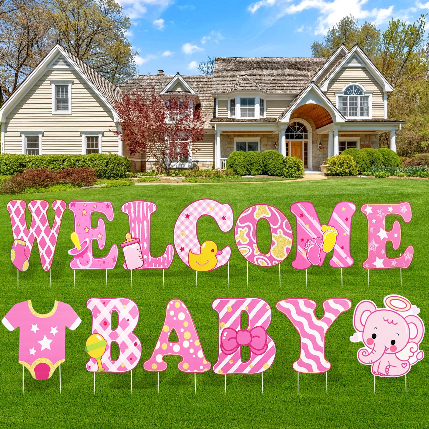 13 Pcs Baby Shower Yard Sign with Stakes, 12 Inch Its A Girl Lawn Garden Sign Gender Reveal Outdoor Decoration Welcome Home Baby Girl Party Supplies (Pink)