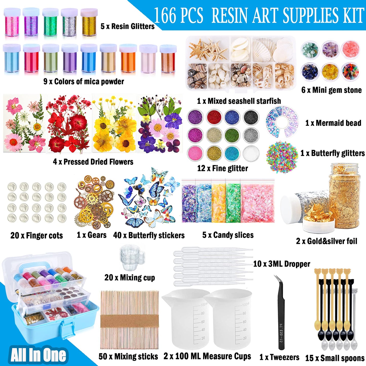 Myzzxt Resin Decoration Accessories Kit,Supplies Kit for Beginner,with Dried Flowers,Butterfly Stickers,Mica Powder and Fillers,Measuring Cups Tool Kit,for Resin Jewelry Making