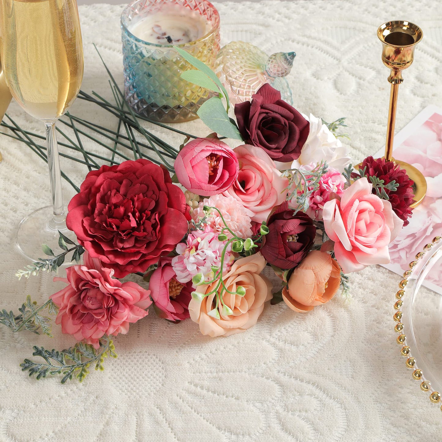 kuujojo Artificial Flowers Combo, Fake Flowers for DIY Tables Centerpieces Baby Shower Bridal Shower Wedding Bouquet Arrangements Party Candle Holder Cake Decor Flower Home Decorations