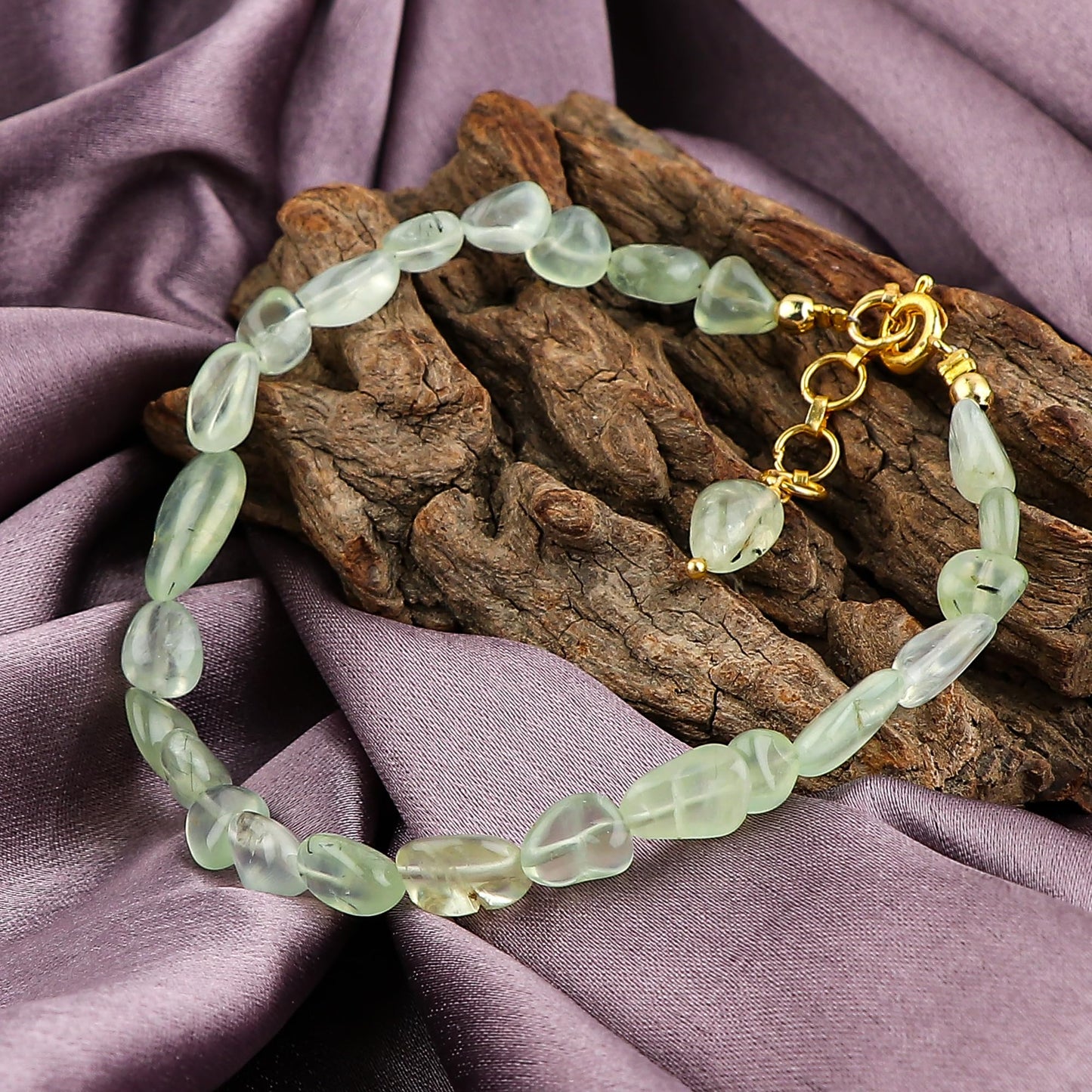 GemSymphony Prehnite Light Gemstone Tumble Bracelet – Hypoallergenic Gold Plated Chain, 7+1 Inch Adjustable, Spring Ring Clasp, Handmade Crystal Bracelet for Women, Natural Stone Healing Jewelry (Prehnite Light)