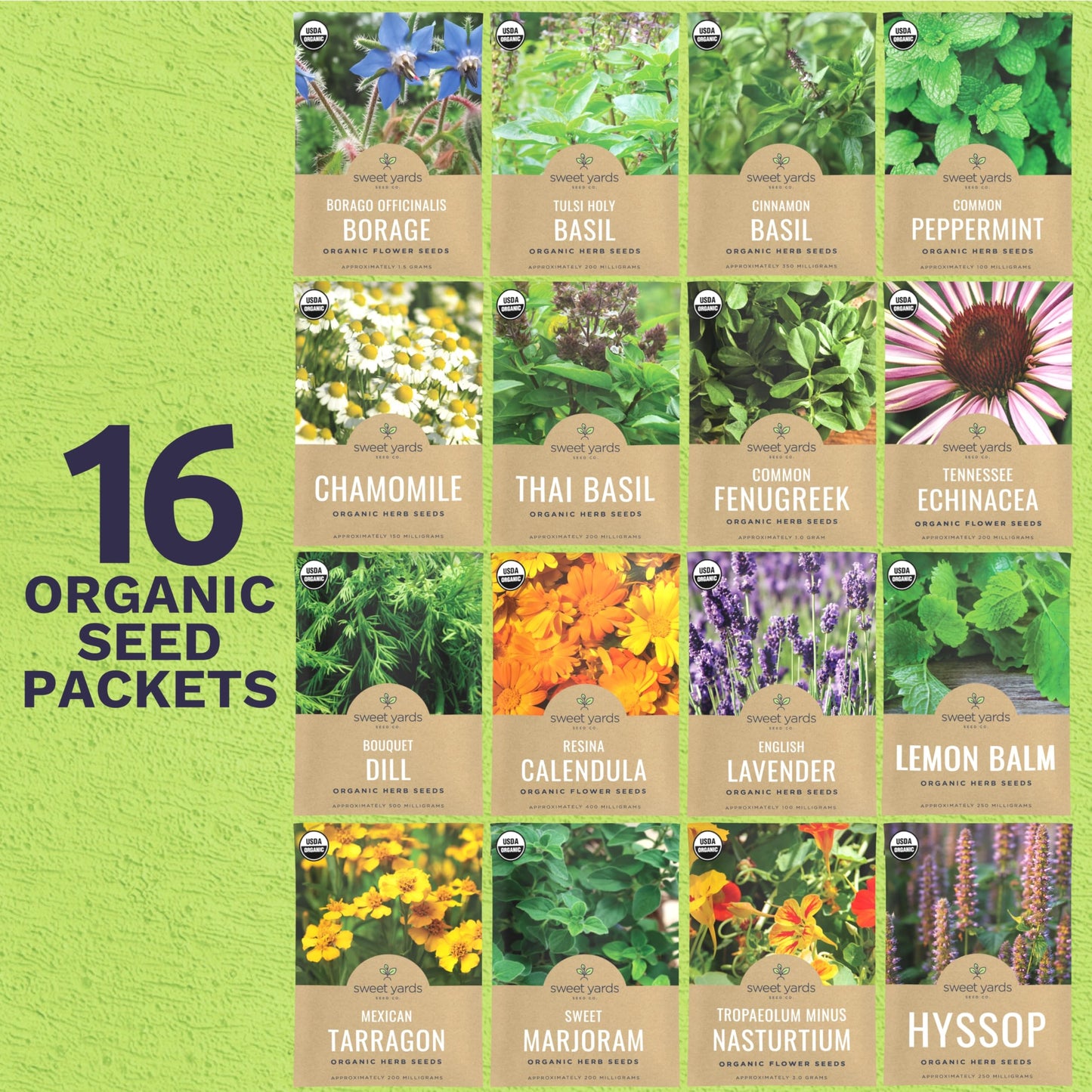 Organic Herbal Tea Seeds Variety Pack - 16 Individual Packs - 2026 Season - Mint, Lavender, Chamomile and More! for Indoor & Outdoor Planting (Non-GMO, Certified Organic)