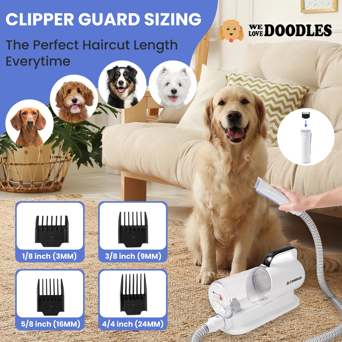 We Love Doodles 11-in-1 Dog Grooming Vacuum - Professional-Grade Dog Clippers, Lightweight Pet Vacuum Grooming Kit for Dogs at Home, for Long Hair & Non Shedding Dogs, Goldendoodles & Poodles