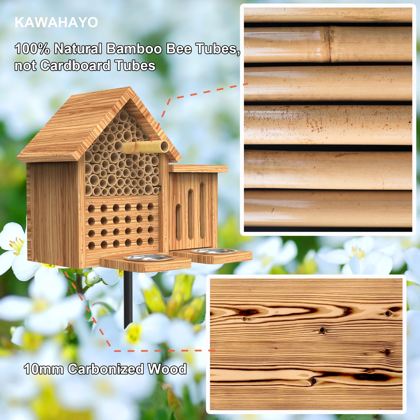 Mason Bee House Wooden Butterfly House with Feeders and Metal Stake, Insect Hotel for Garden Backyard, Natural Handmade Waterproof Bugs House, Attracts Bee, Butterfly, Ladybirds Pollinators