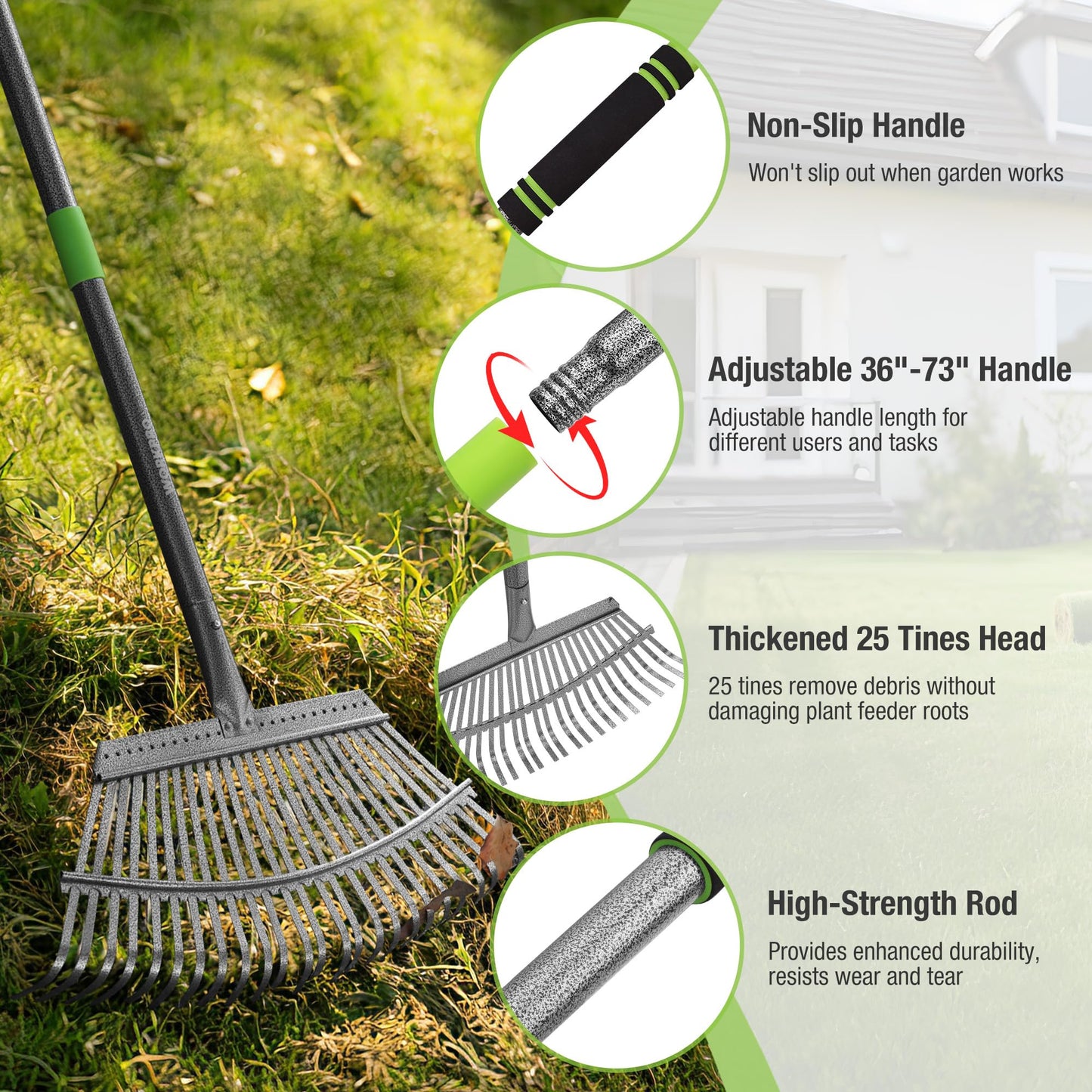 WORKPRO Rakes, Small Leaf Rake with 73” Adjustable Long Handle, Narrow Metal Garden Rake with 25 Steel Tines, Heavy Duty Rust-Resistant Lawn Rakes for Yard, Garden, Shrubs, Flower Beds & Tight Spaces