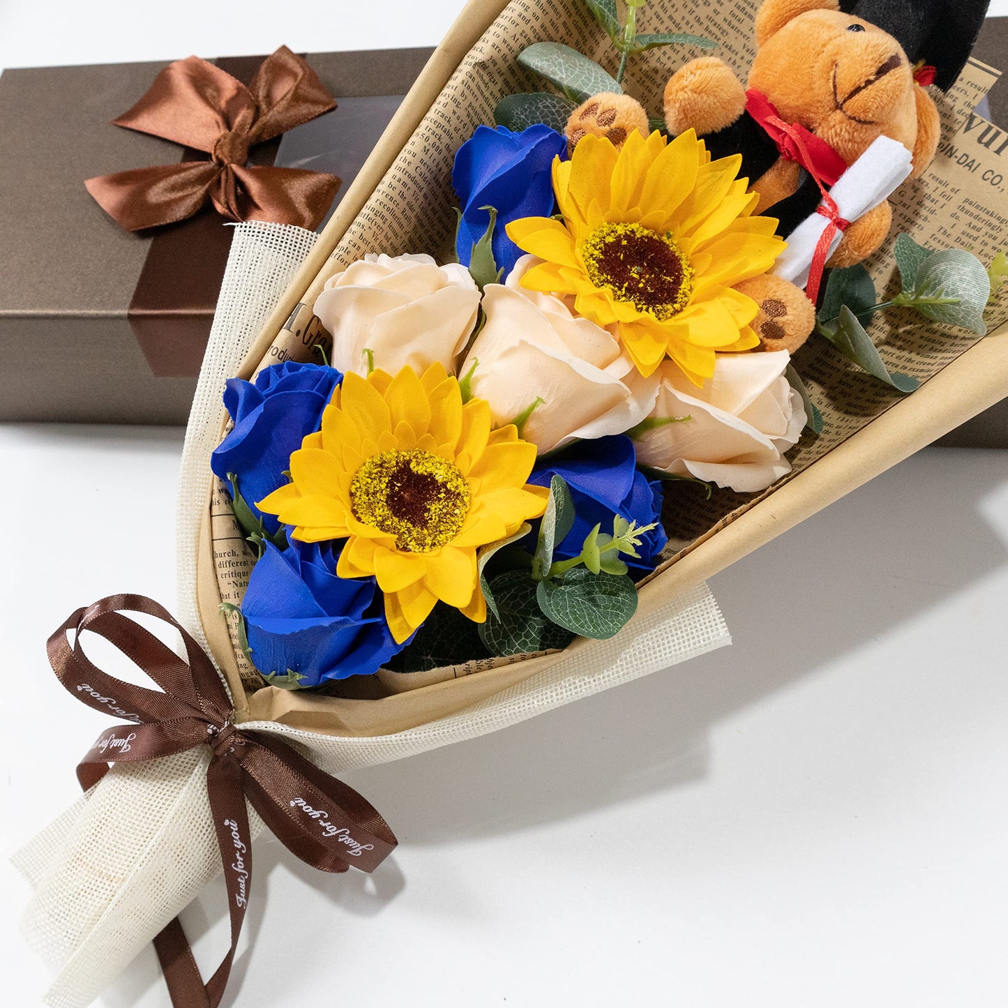 Ansuma 13" Graduation Rose Sunflower Scented Soap Flower Bouquet Mini Plush Graduate Teddy Bear with Grad Cap Floral Arrangements Gift Box for Graduation Party Favors Supplies (Blue)