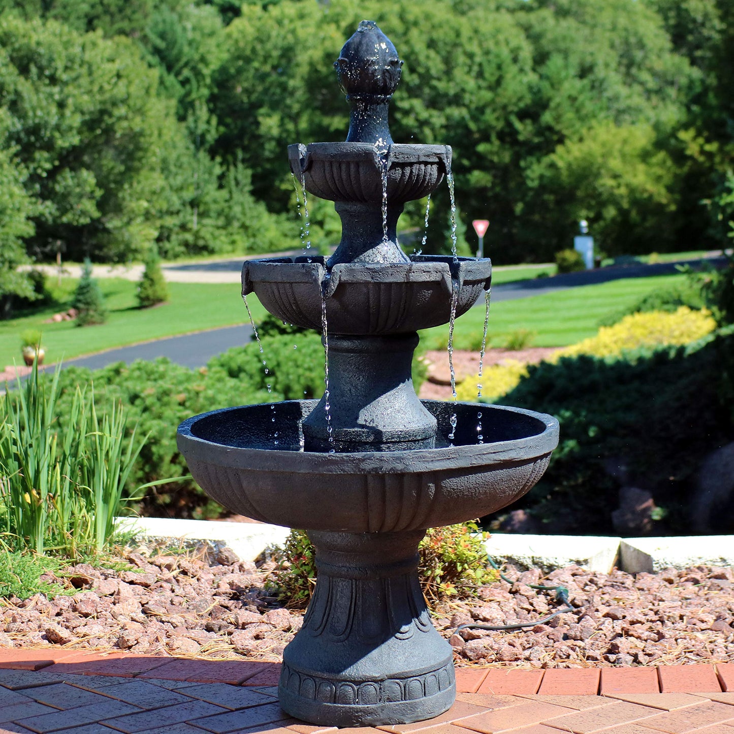 Sunnydaze Flower Blossom 43" Tiered Outdoor Water Fountain - 3-Tiered Outdoor Fountain for Garden, Patio, or Backyard - Black Finish