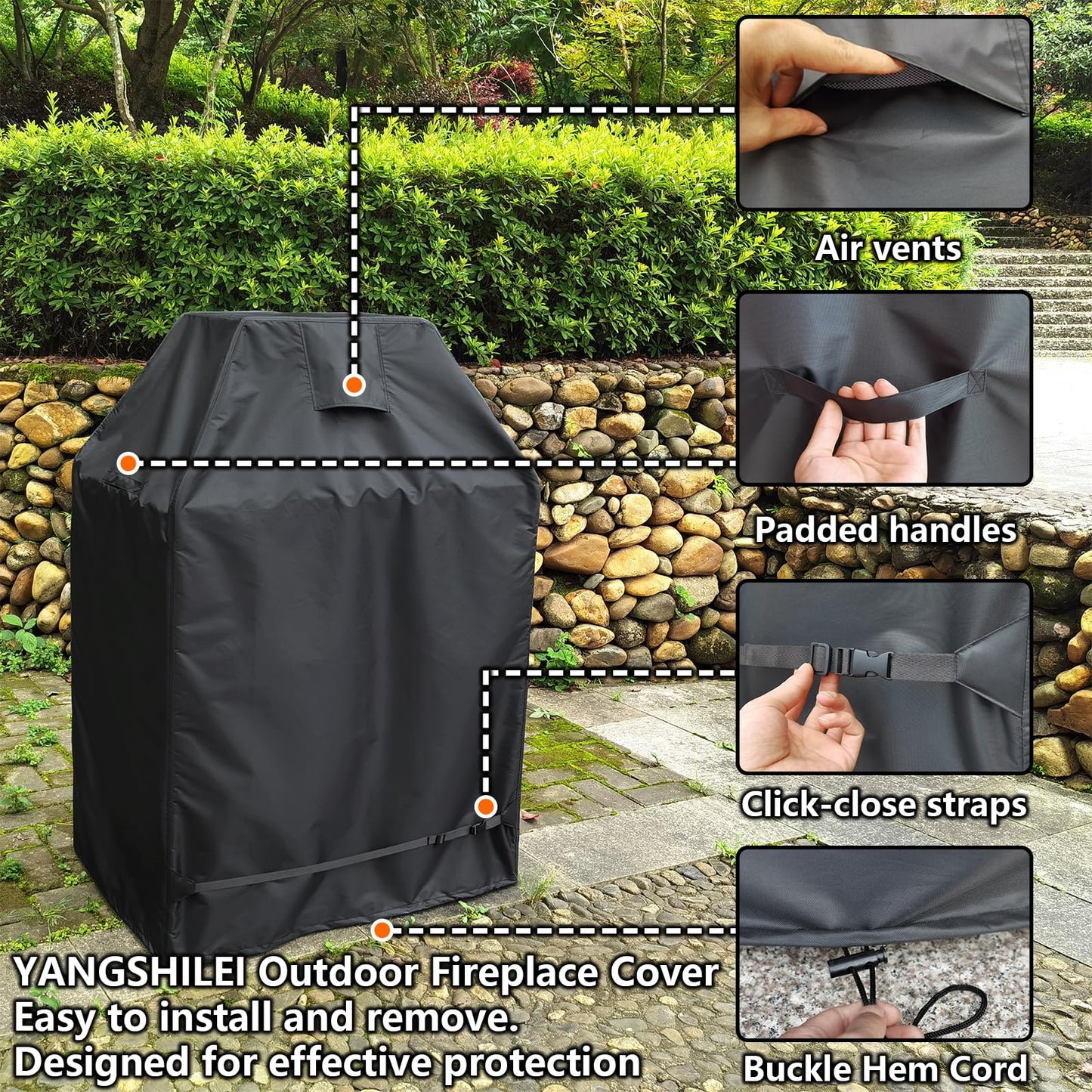 Outdoor Fireplace Cover 100% Waterproof Patio Wood Burning Fireplaces Rain Cover Weather-Proof / UV-proof/Full-coverage Rust-Proof Protection Chiminea Fire Pit Covers 37"W x 26"D x 56"H, Black