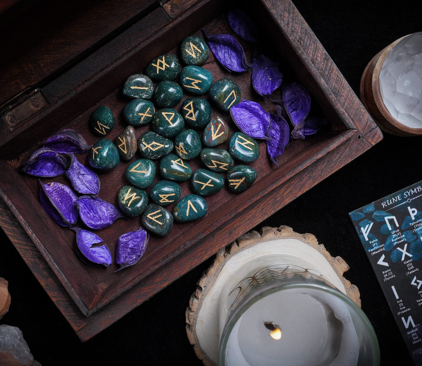 Crocon Green Bloodstone Rune Stones Set Engraved with Elder futhark Crystal Runes Set, Reiki Healing runas for Meditation Chakra Balancing Rune Stone for Beginners with Crystal Guide & Pouch 15-20 mm