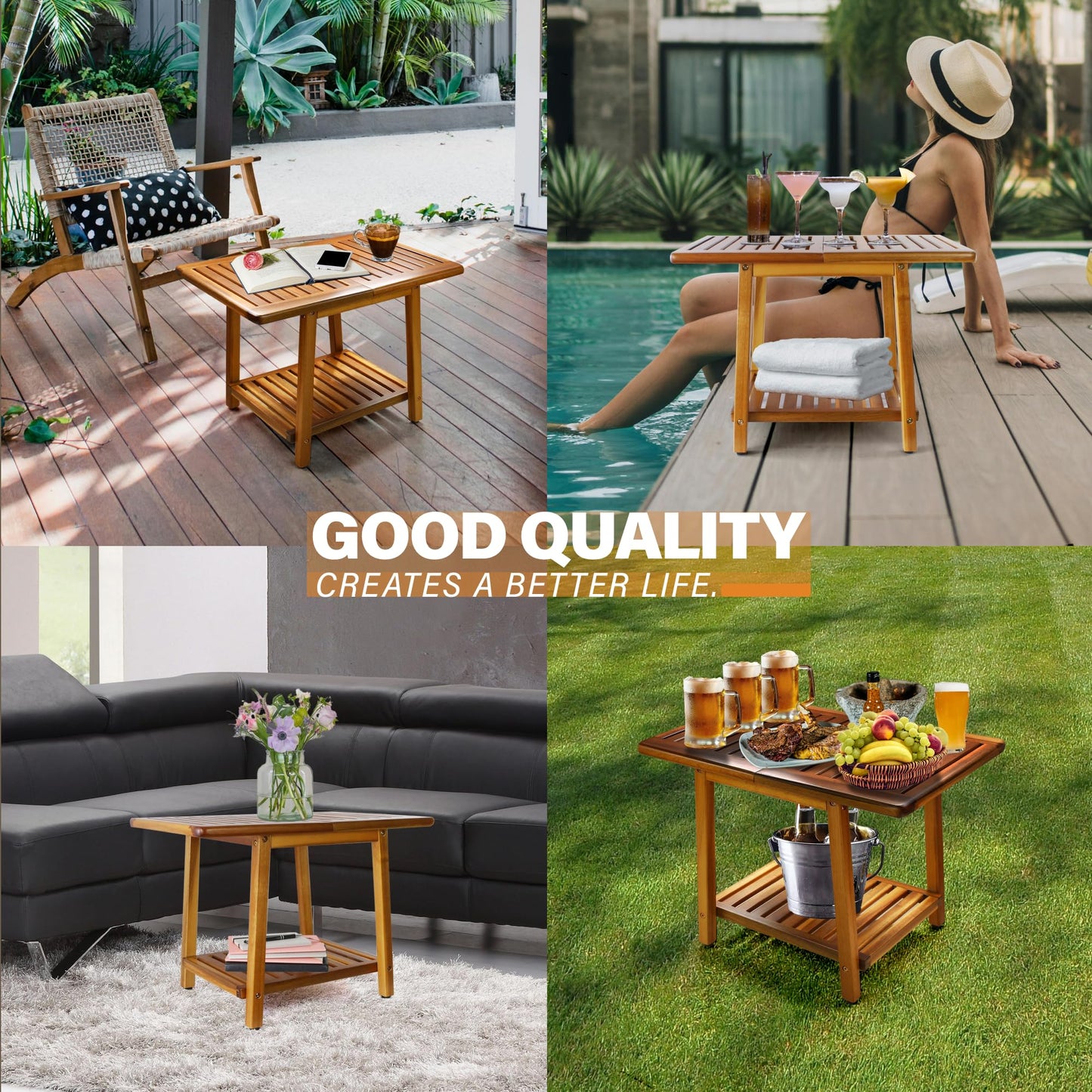 ENKEZI Acacia 24 Inches Outdoor Side Table, 2-Tier Sturdy Patio, End Table Weather Resistant, Strong Stability Side Table for Patio, Pool, Porch, Teak Finish (Large)
