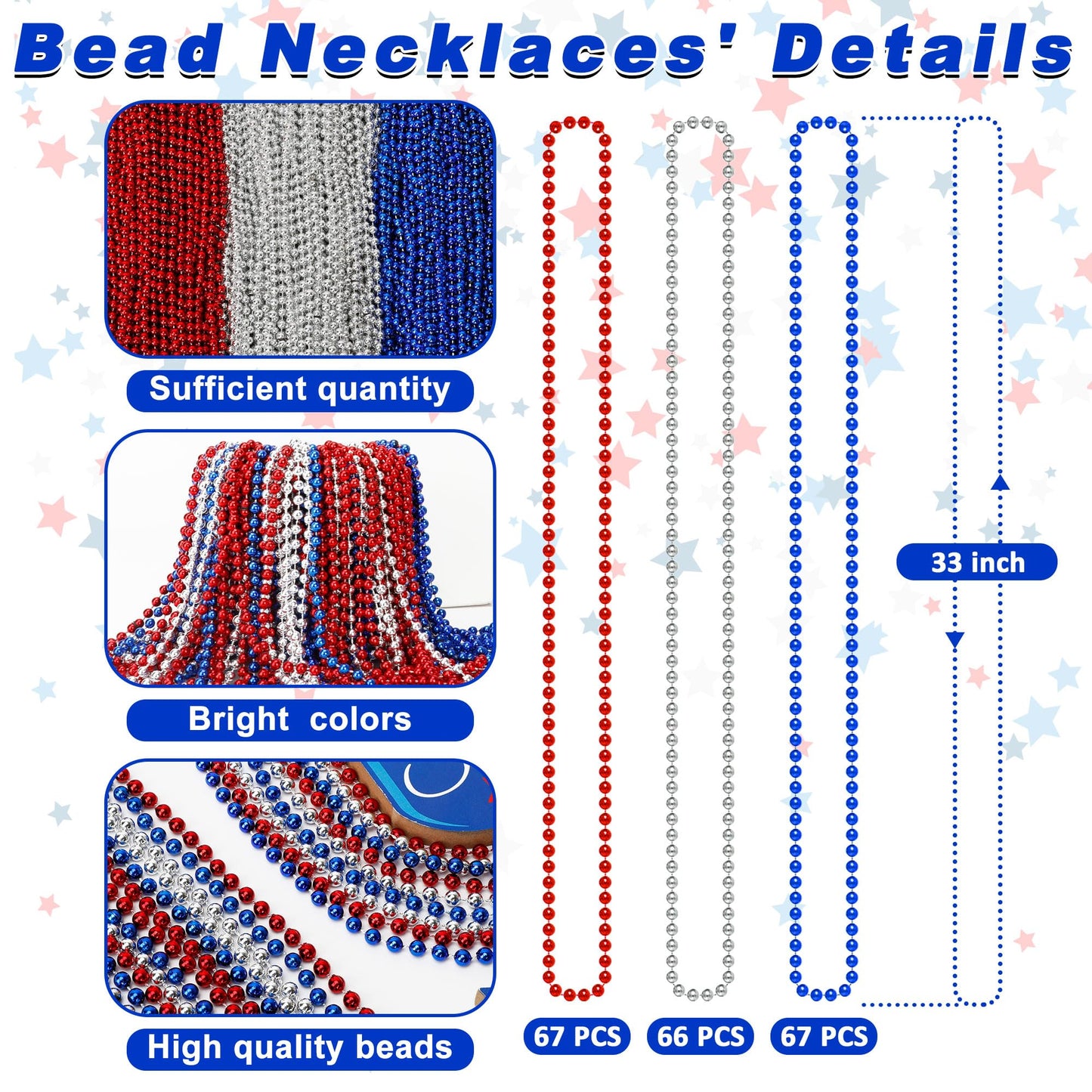 Huskein 200 PCS Beads Necklace, 33" Patriotic Necklace, Red Blue Silver Fourth of July Beads Accessories Party Supplies for Adult 4th of July Independence Day Memorial Day Veterans Day