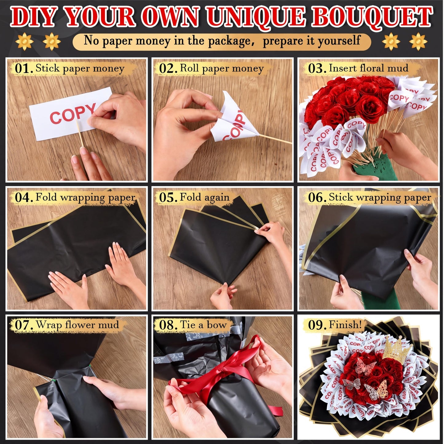 Fullhawl Money Bouquet Kit 48 Sheets Flower Wrapping Paper 48 Butterflies 4 Crowns 18 Cards 150 Bamboo Skewers Flower Bouquet Accessories for Birthday, Graduation, Wedding Gifts(Chic Colors)