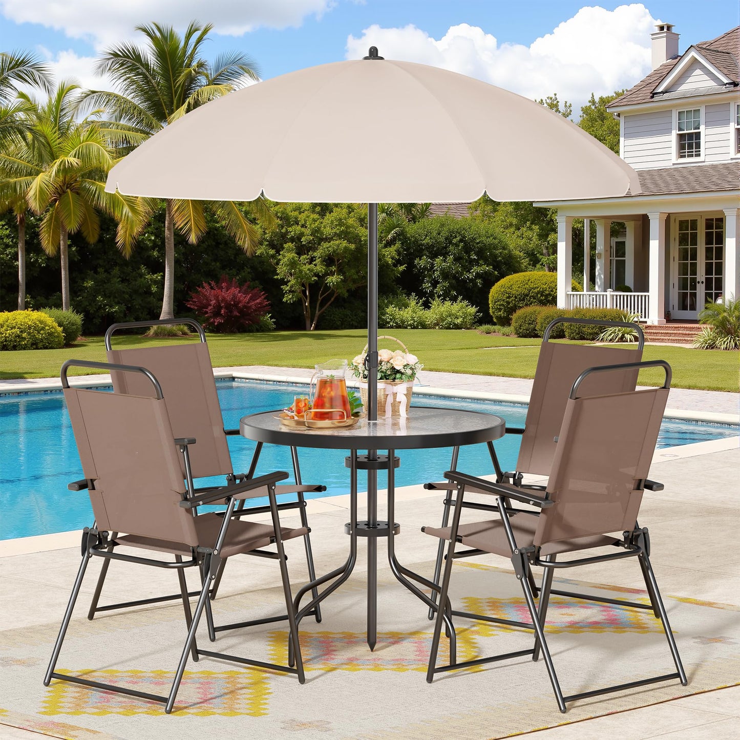 Shintenchi 6 Piece Patio Dining Set with Umbrella, Outdoor Furniture Set with 4 Folding Chairs and Tempered Glass Top Dining Table fot Lawn Backyard Garden Porch Black