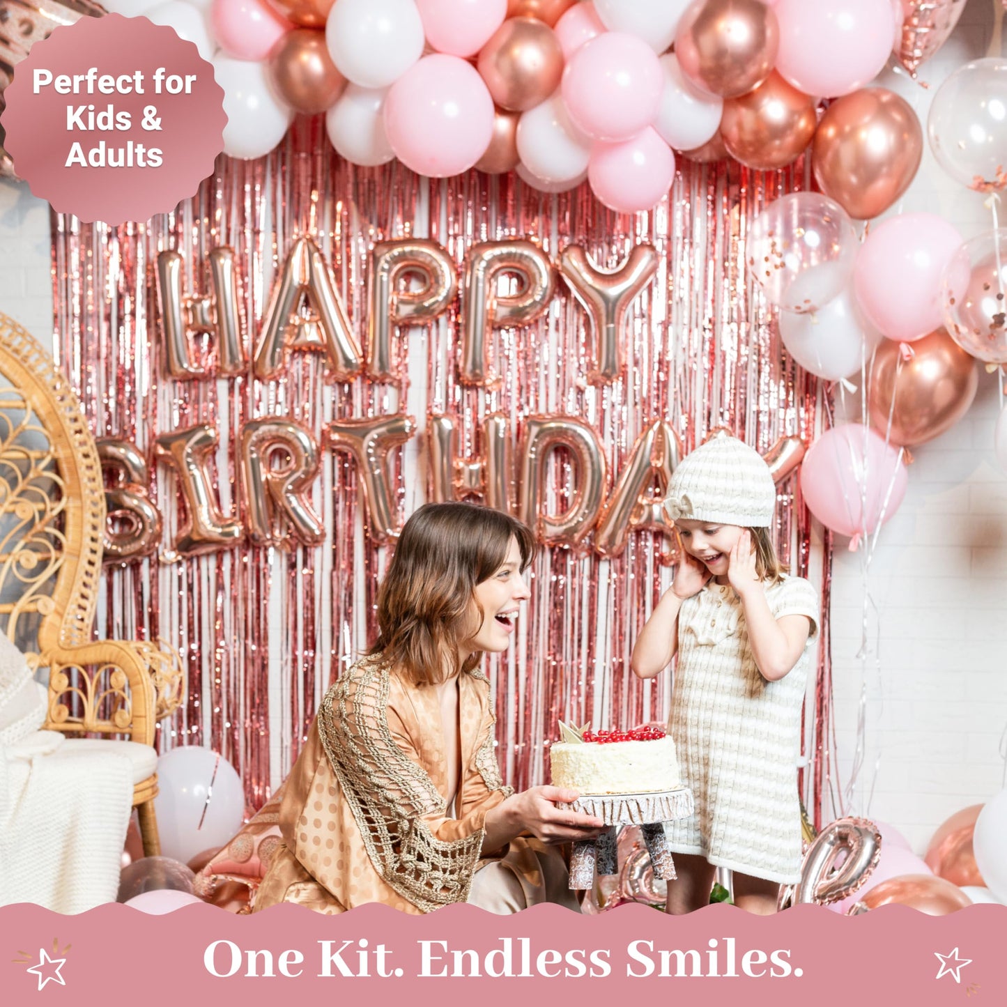 VIDAL CRAFTS 71-Piece Rose Gold Birthday Decorations for Women - Party Backdrop with Latex, Foil & Confetti Balloons, Happy Birthday Decorations Banner & Rose Gold Foil Fringe Curtains