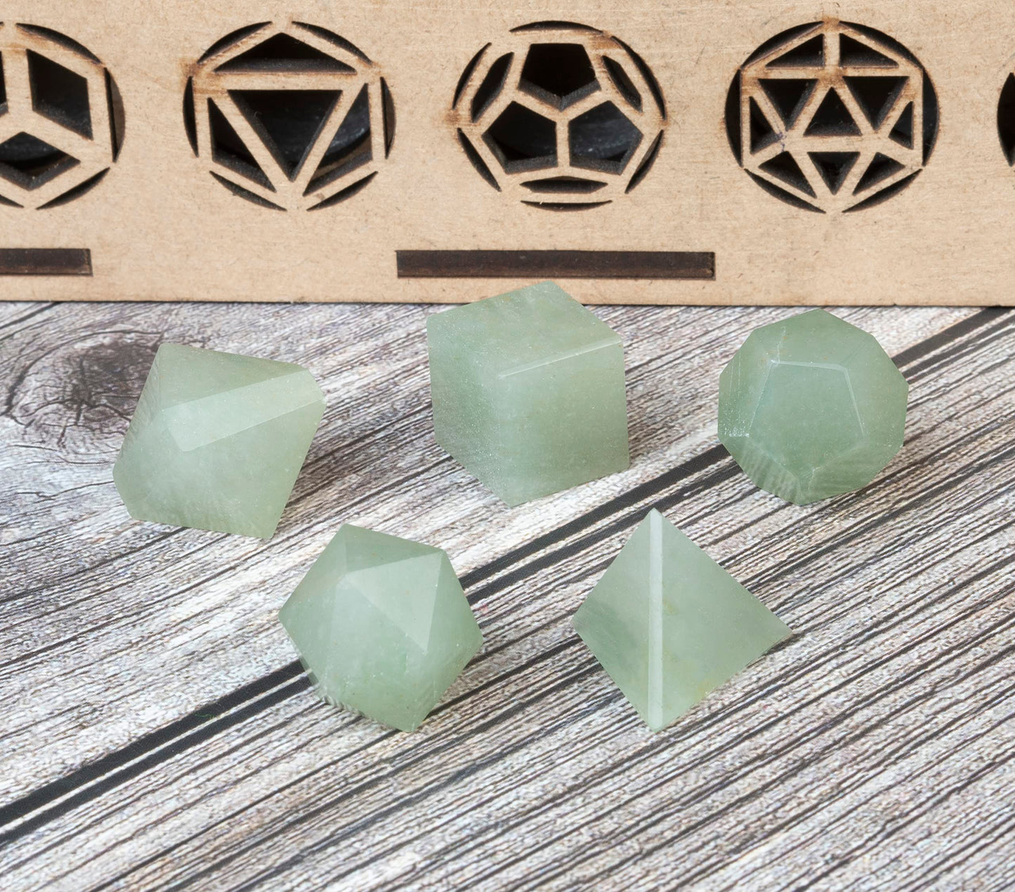 Crocon Green Jade 5Pcs Platonic Solids Crystal Geometry Set, Platonic Solids Sacred Geometric Stones for Meditation Reiki Balancing Healing Chakra Stone Cleansing Spiritual Good Luck (15-20 mm)