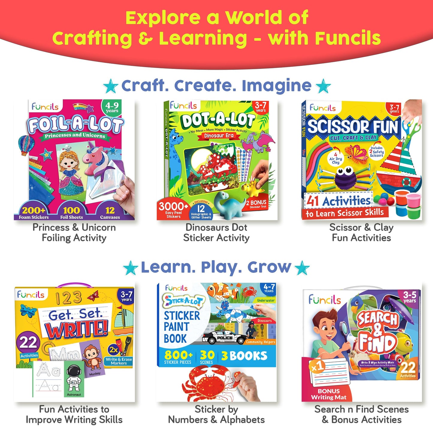 Funcils Toddler Scissor Skills - Art Supplies & Crafts Kit for Kids, Safety Scissors, Fine Motor Toys, Montessori Gifts for Boys & Girls Ages 3, 4, 5, 6, 7 Year Old, Preschool Learning Activity Books