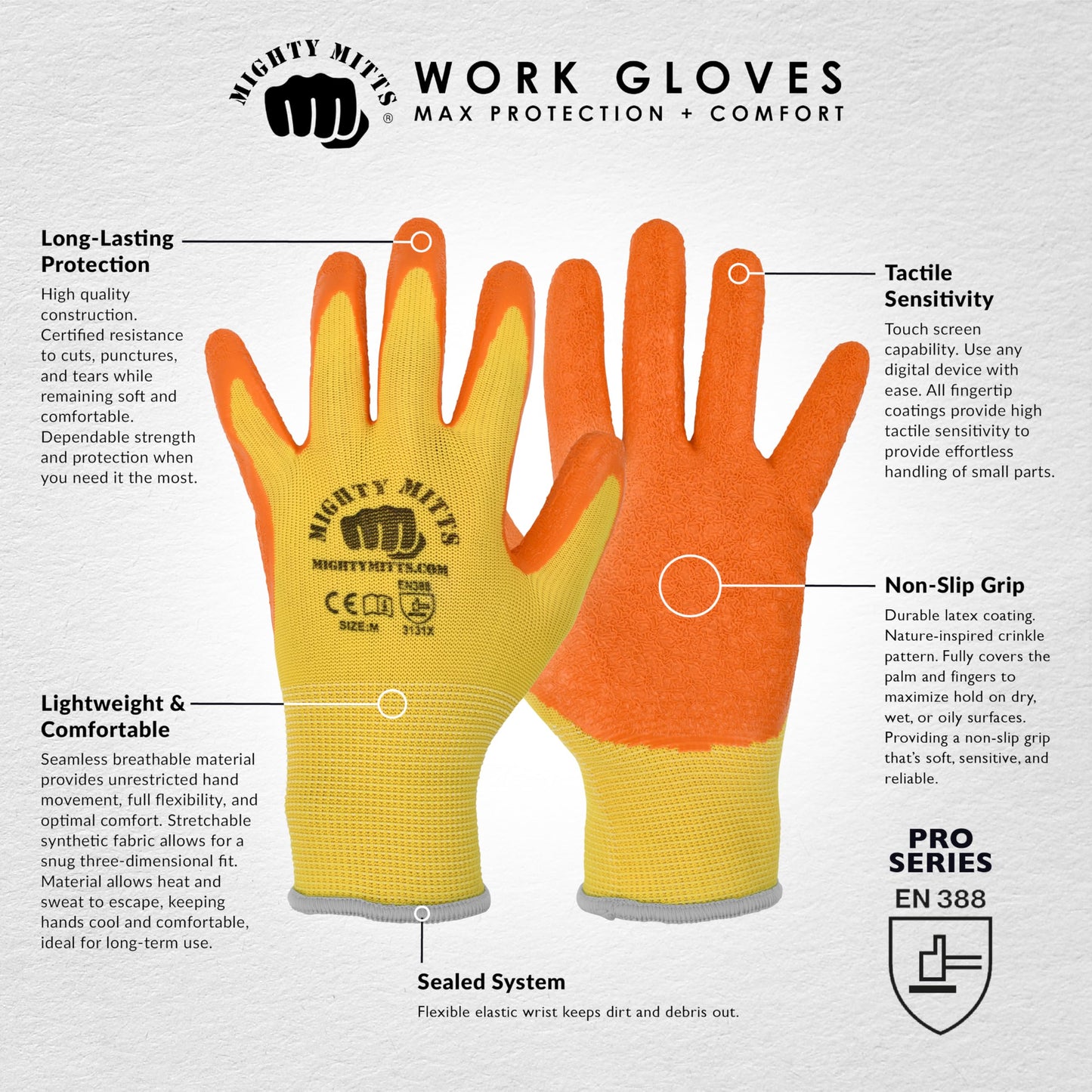 Mighty Mitts Work Gloves for Men and Women, 12 Pairs – Textured Grip, Touchscreen Compatible, Lightweight & Breathable Safety Gloves for Warehouse, Construction, Gardening, Landscaping – Large