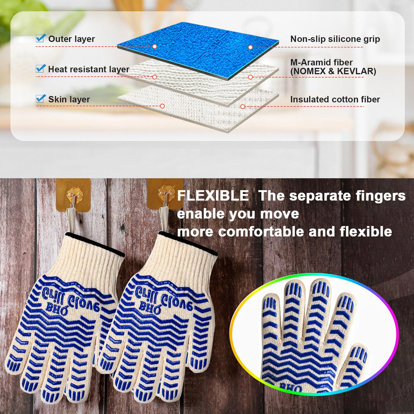2 PCS Heat Resistant Oven Gloves - BBQ Gloves Grill Heat Resistant Cooking Gloves Fireproof Oven Gloves for Cooking, Non-Slip Fire Gloves for Grilling, Barbecue, Baking, Frying Oven Welding Gloves