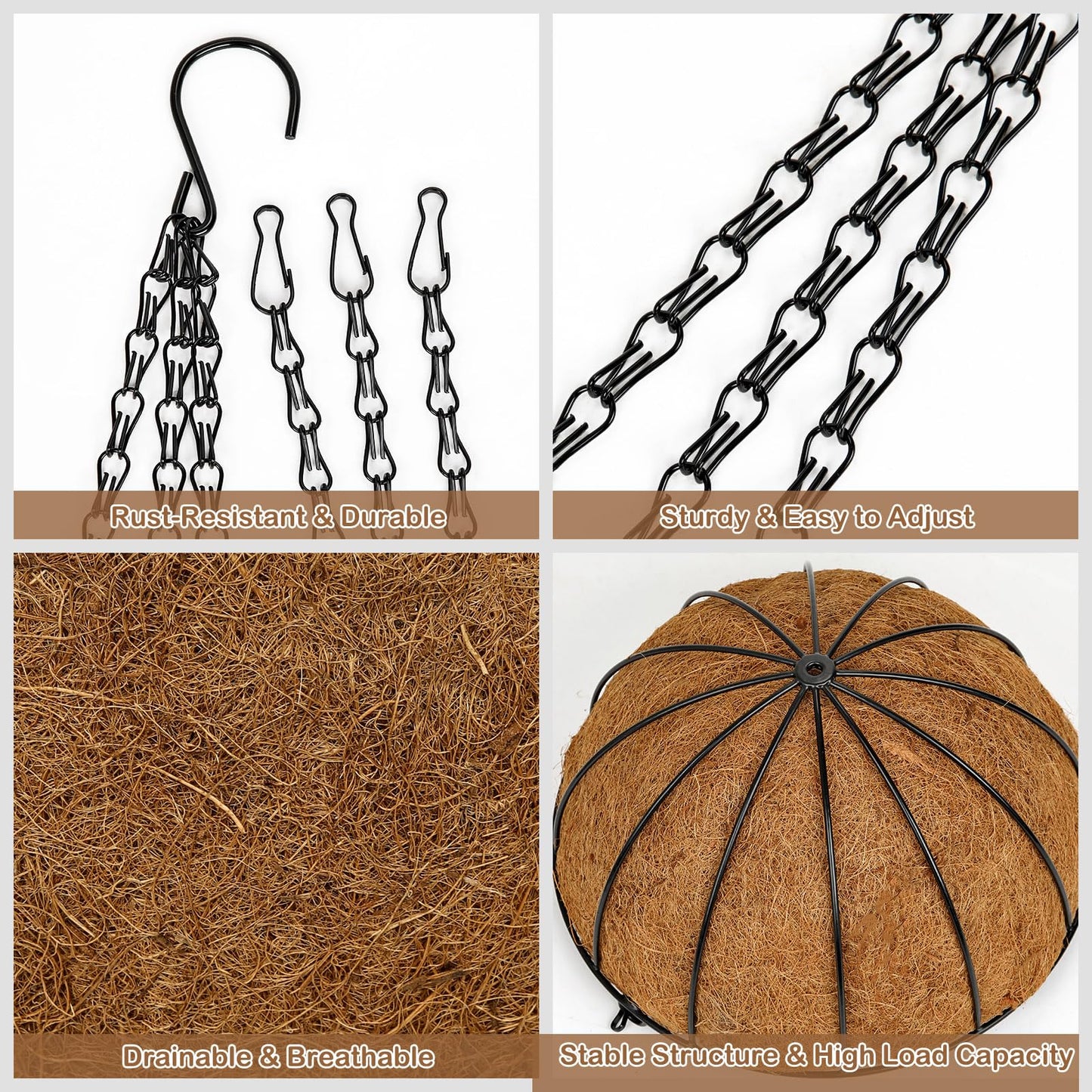 10 Inch Metal Hanging Basket with Coco Coir Liner for Flowers Planting, 6 Pack Hanging Baskets for Plants Outdoor, Round Wire Planters with Chain for Home Patio Porch Balcony Garden Decor