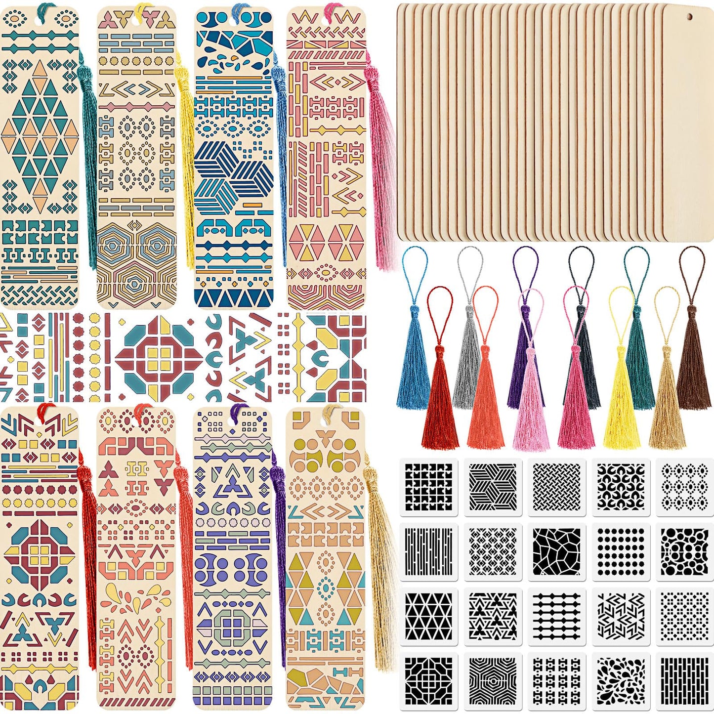 TaoBary 92 Pcs Wood Bookmark Making Kit Includes 36 Unfinished Blank Bookmarks 36 Tassels 20 Templates Craft for DIY Crafts, Painting, Valentine's Day, Mother's Day Gift(Geometry, 4.8 x 1.3 Inch)