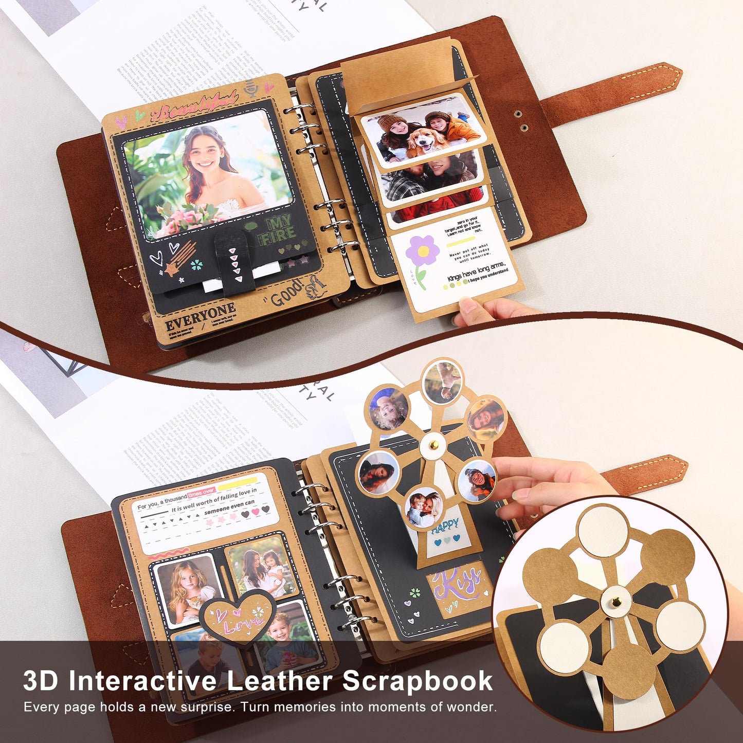 Handmade Genuine Leather Scrapbook Photo Album – DIY 3D Interactive Memory Book for Wedding, Baby, Family Photos (Travel, Anniversary, Birthday Gift)- D.Brown