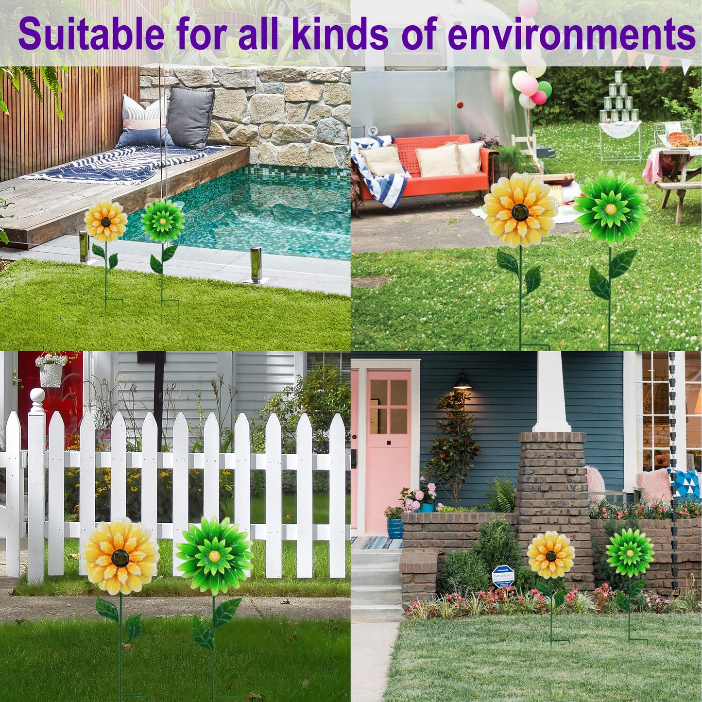 2 Pack Metal Flower Wind Spinners, Yellow Sunflower & Green Daisy Garden Stakes Yard Art, Decorative Floral Pinwheels Lawn Ornaments for Outdoor, Patio, Backyard and Flower Bed Spring Decor