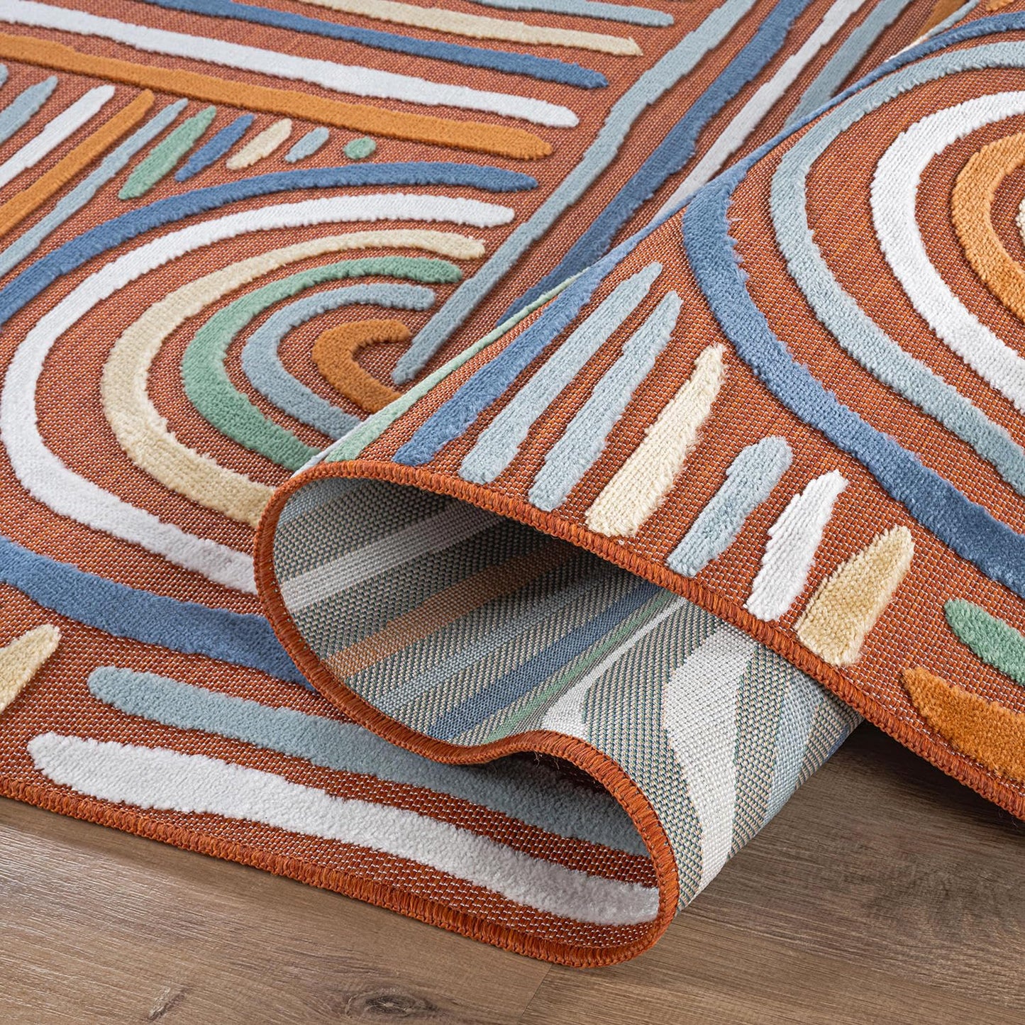 CAMILSON Indoor Outdoor Rug, Orange 8x10 Geometric Arch Striped Area Rugs for Patio and Home Areas, Easy-Cleaning Non-Shedding Living Room, Garden and Deck Washable Outside Carpet (8 x 10)