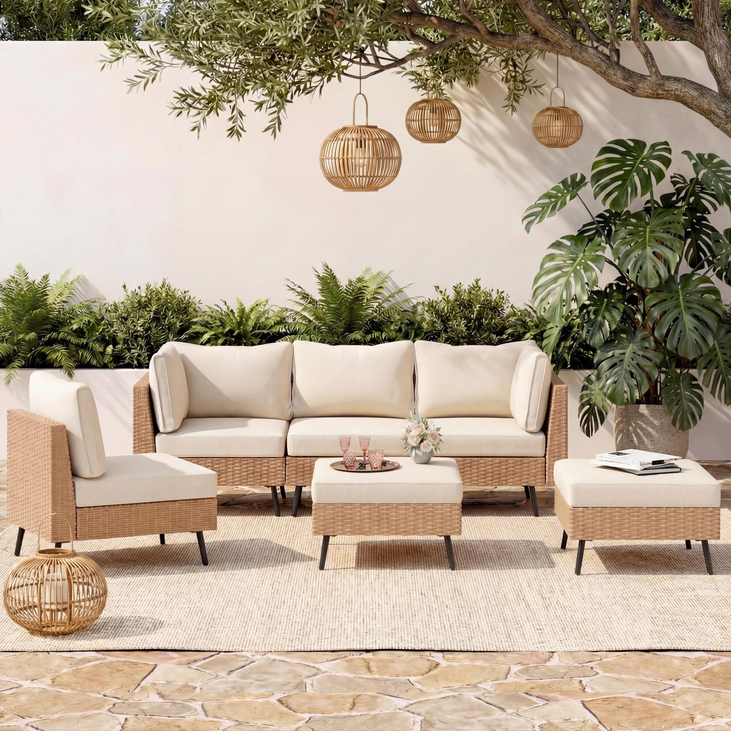 EO Living 6-Piece Patio Furniture Set, Outdoor Sectional Sofa PE Rattan Outdoor Patio Furniture with Thick Cushions, All Weather Patio Conversation Sets for Garden, Poolside, Backyard(Beige)