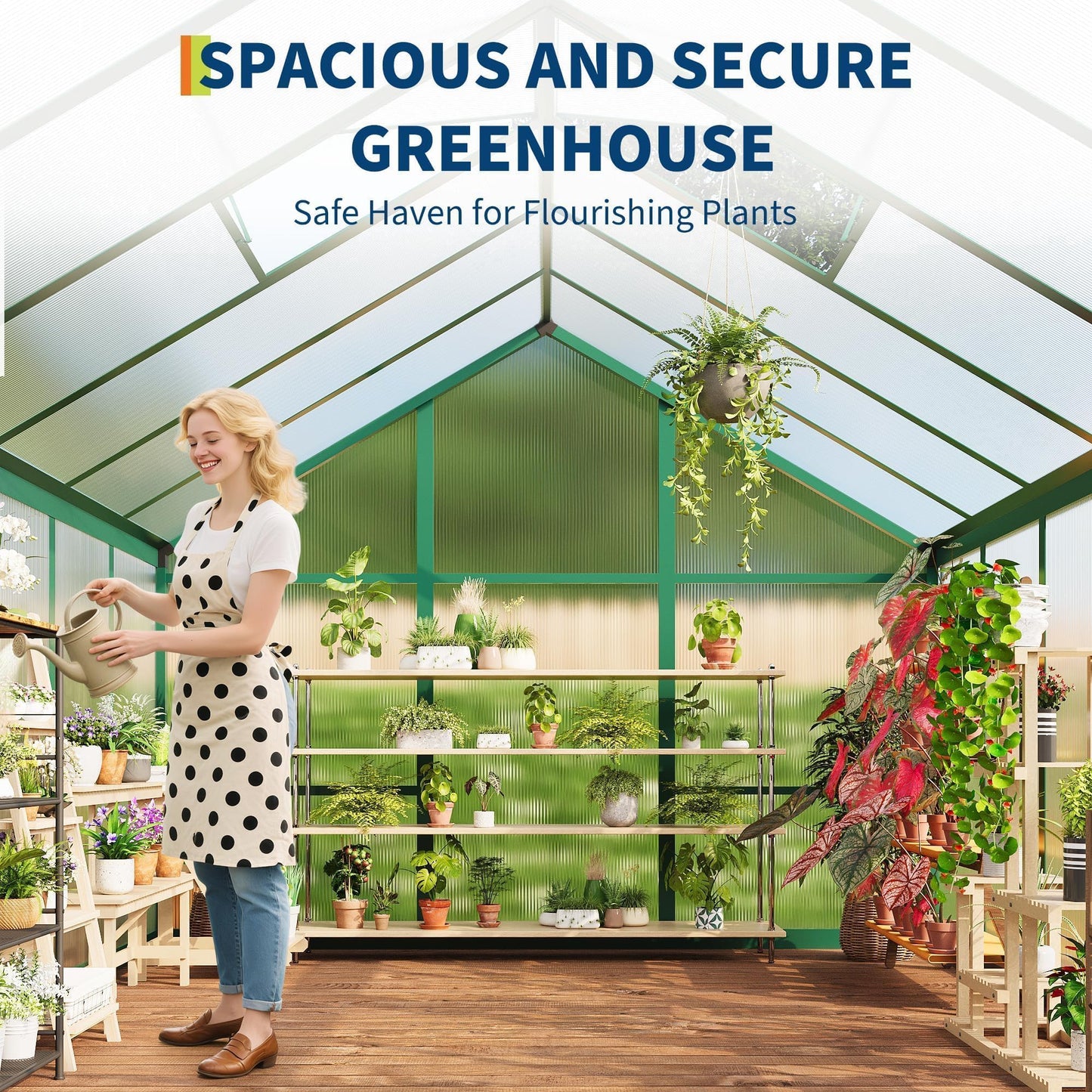 6x10 FT Greenhouse, Outdoor Sliding Door, Polycarbonate Greenhouse with Aluminum Frame, Lockable Door and Ajustable Roof Vent for Backyard, Outside Garden Backyard, Patio, Green