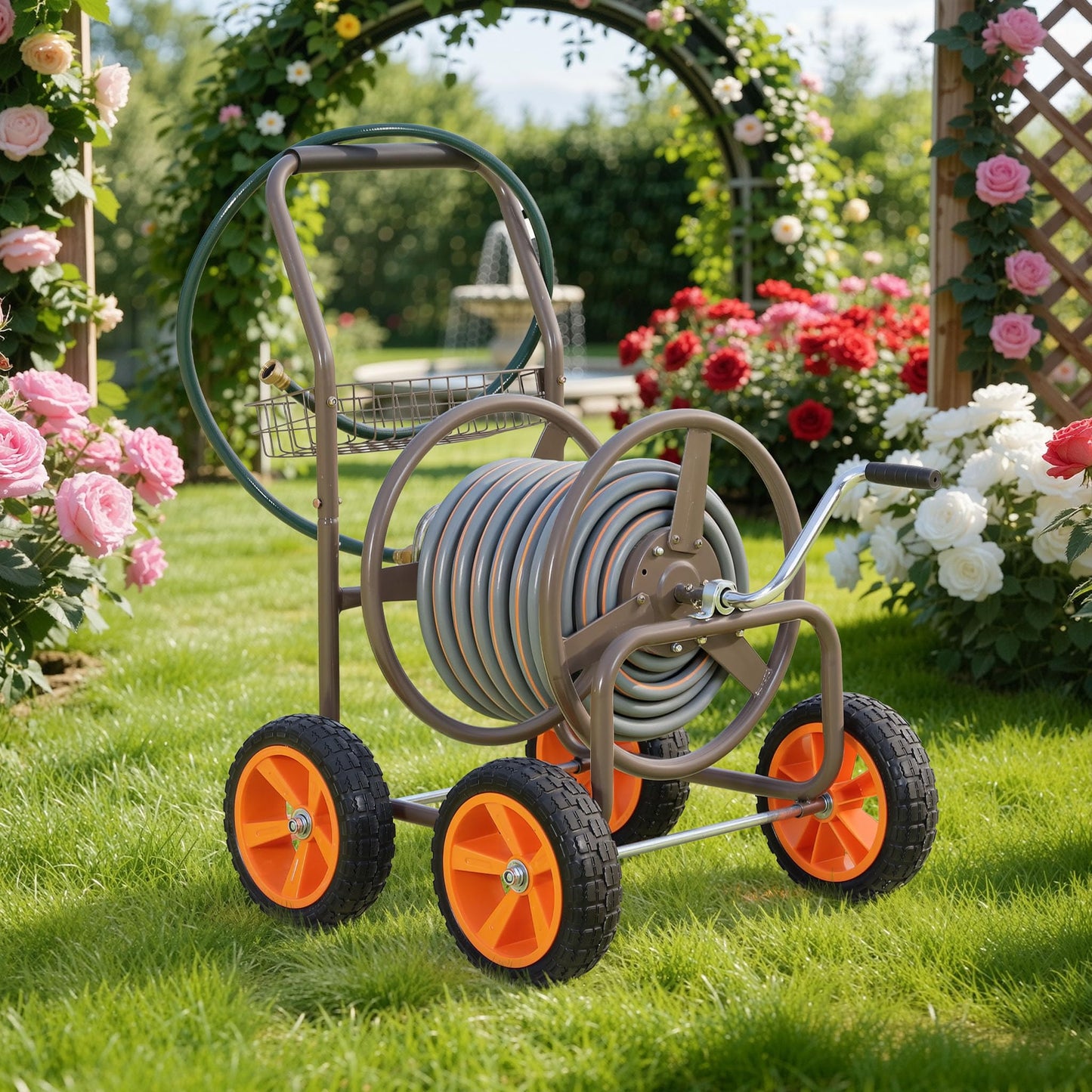 2026 Upgraded Hose Reel Cart with 10" NO-FLAT TIRES, 250FT 5/8" Heavy-Duty Steel Frame, Easy-Rolling All-Terrain Mobility for Tangle-Free Garden Hose Storage, Lawn Yard