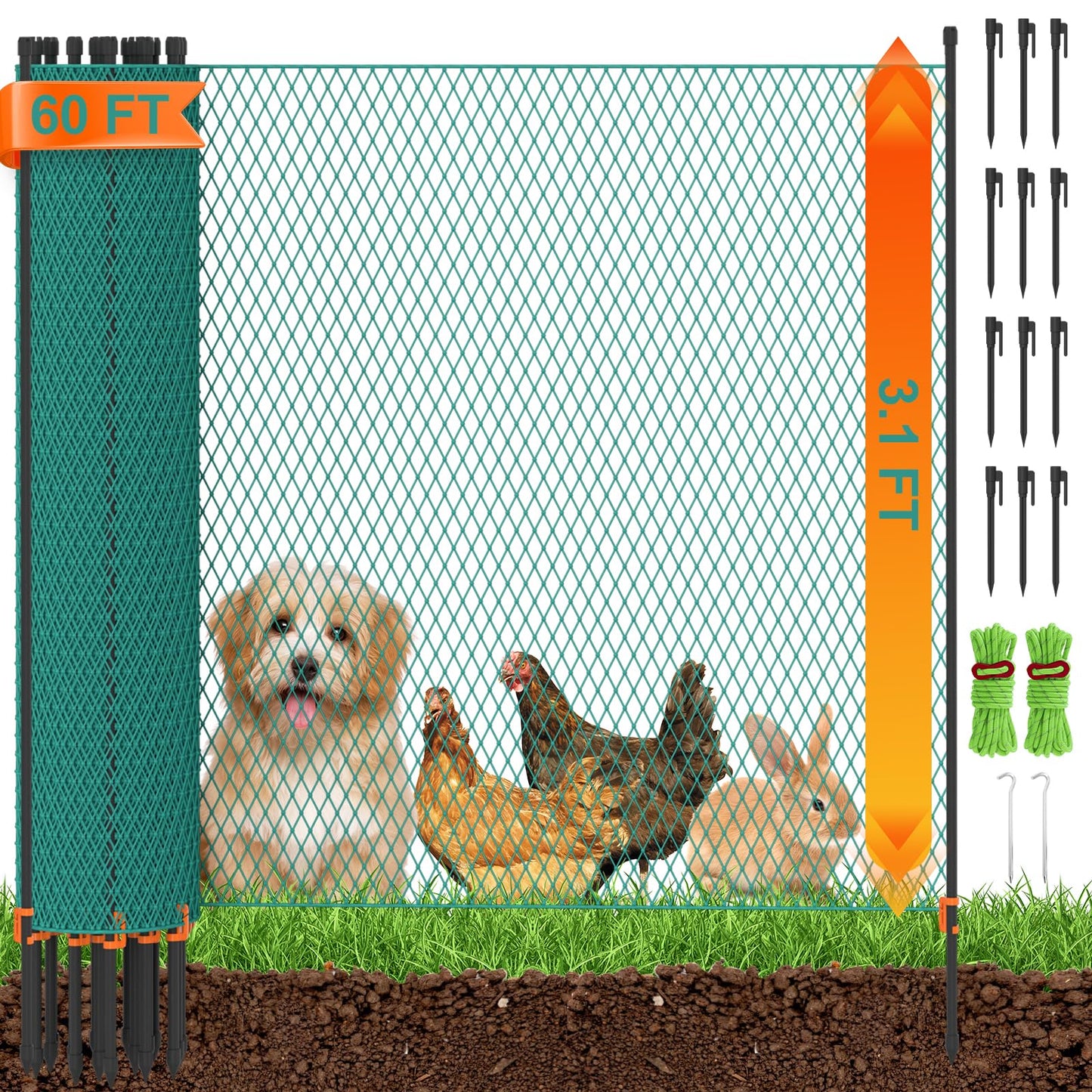 Temporary Fence with Garden Posts & 3.1'H x 60'L Plastic Mesh,Portable Snow Fencing with Windbreak Rope and Ground Stakes,Dog Fence Outdoor for Yard,Backyard Fences,Garden Fence Protect Barrier