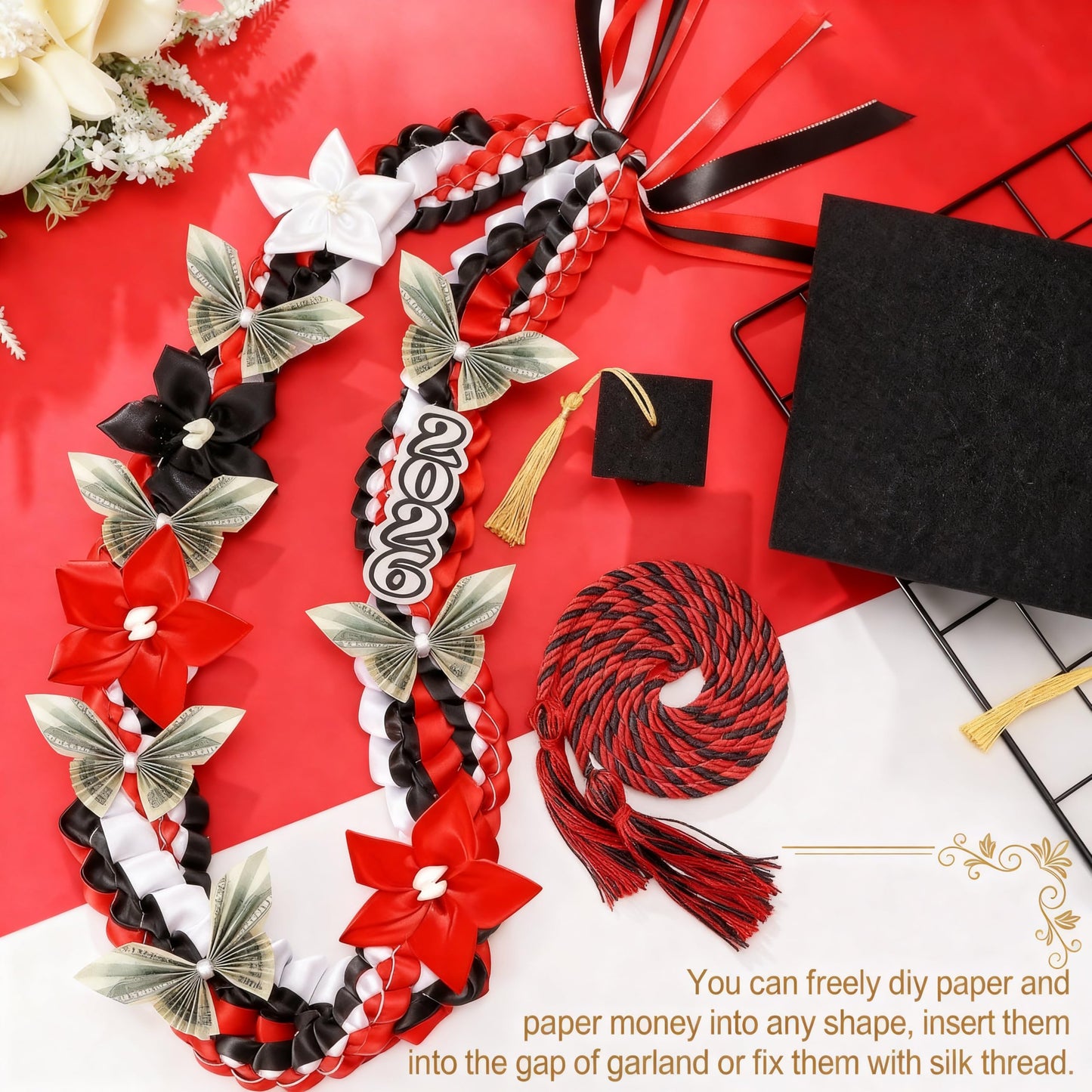 Craftsatin 2026 Graduation Money Leis with Honor Cord Class of 2026 Graduation Ribbon Money Leis Double Braided Handmade Necklace Kit for for High School College Grad Party Supplies(Red Black)