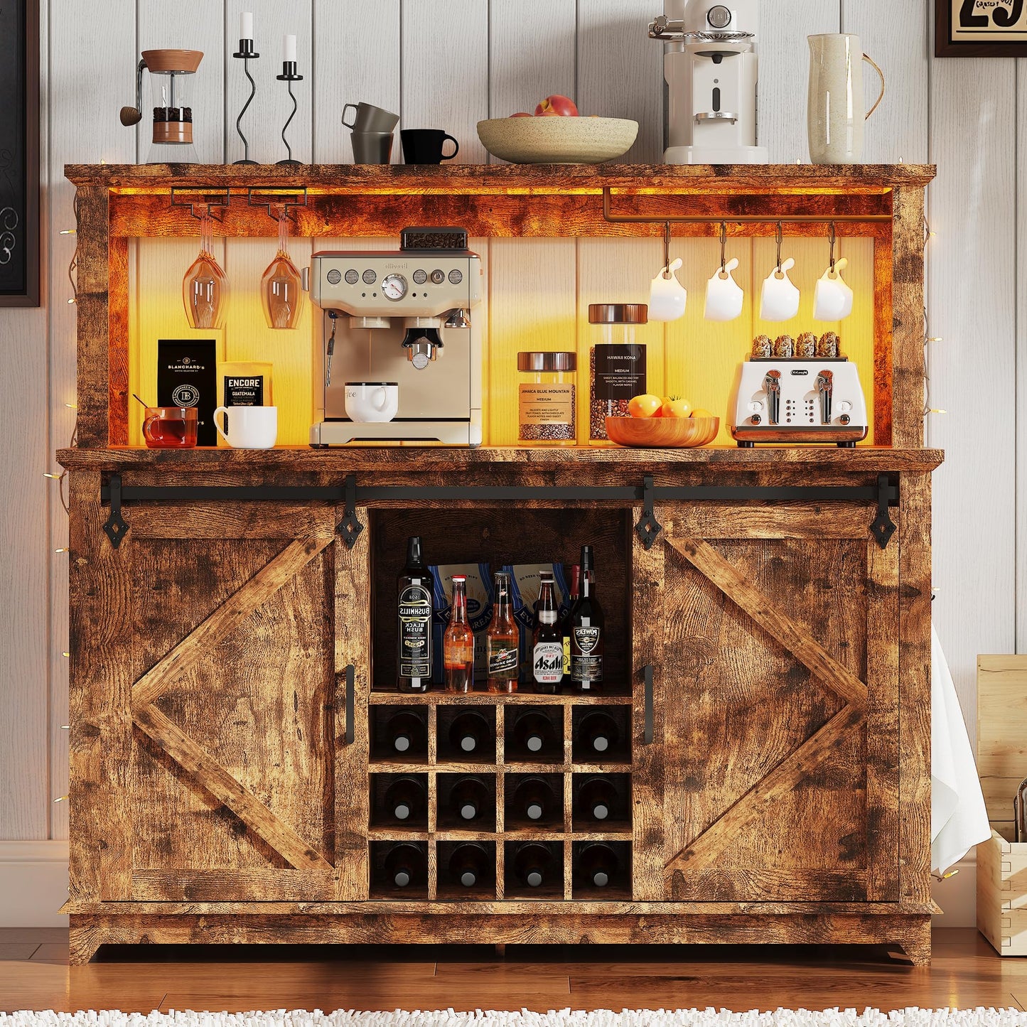 55 in Farmhouse Coffee Bar Cabinet with 3-Mode LED Light and Power Outlet - Large Kitchen Hutch with Sliding Barn Door - Wine Cabinets with Storage Drawers and Wine Glass Rack for Home and Living Rome