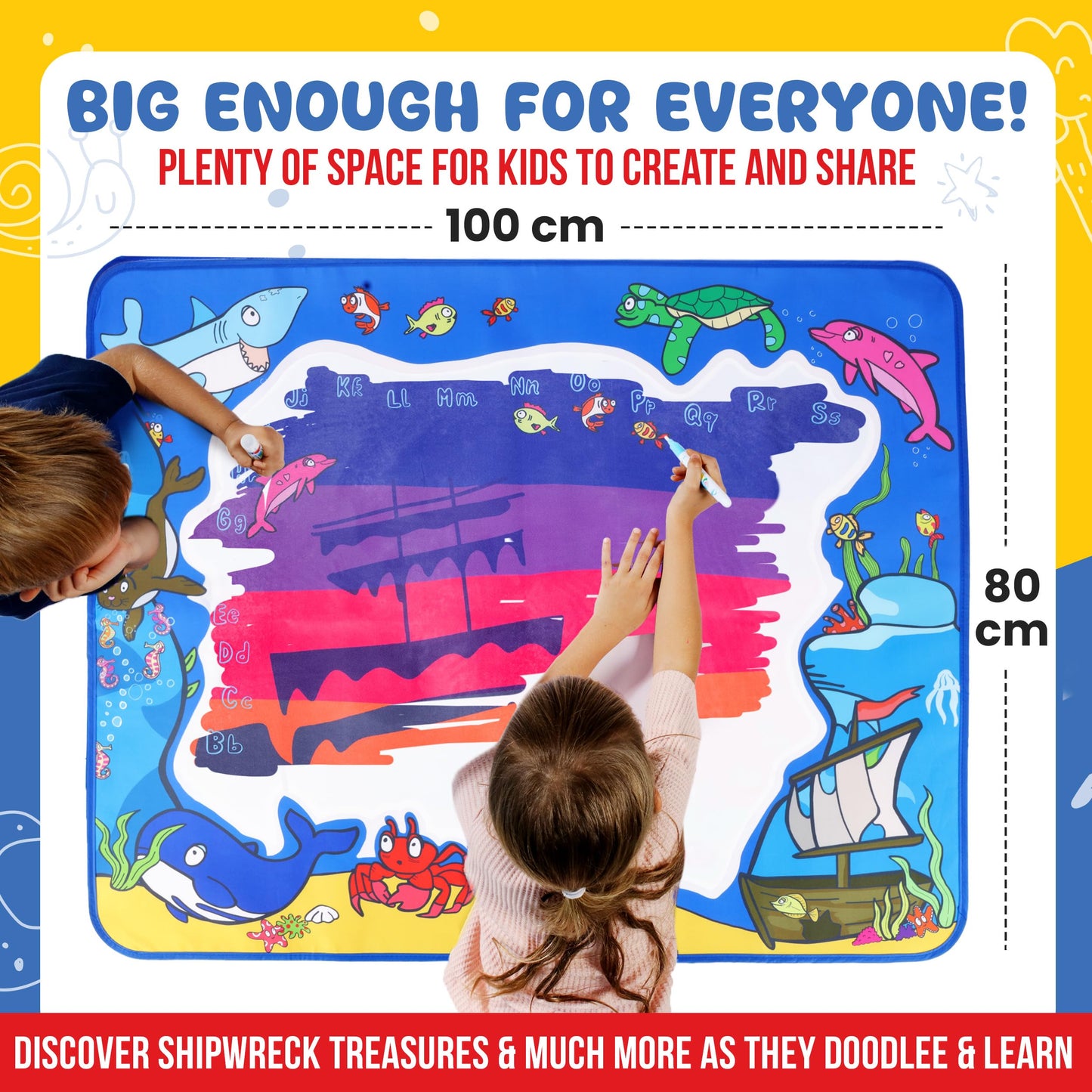 Water Doodle Mat -Sea Life 40 x 32 – Mess-Free Water Drawing Mat for Kids Ages 3-8 with Roller, Stamp Markers, Water Pens, Foam Shapes & Stencils