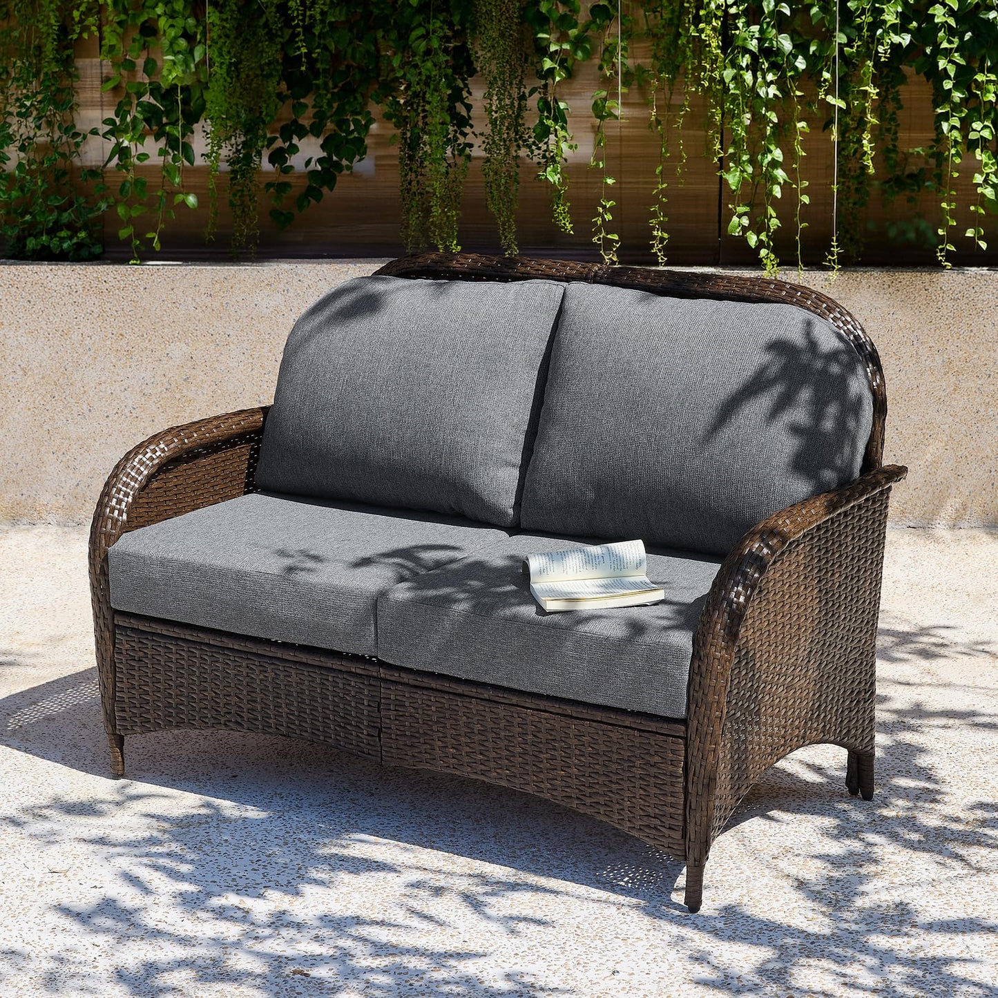 Tribesigns Outdoor Wicker Loveseat with 5.5'' Thick Cushions, 2-Seater Patio Sofa with 26.8'' Deep Seat, All-Weather Patio Wicker Loveseat for Porch, Deck, Backyard, Poolside, Gray/Brown