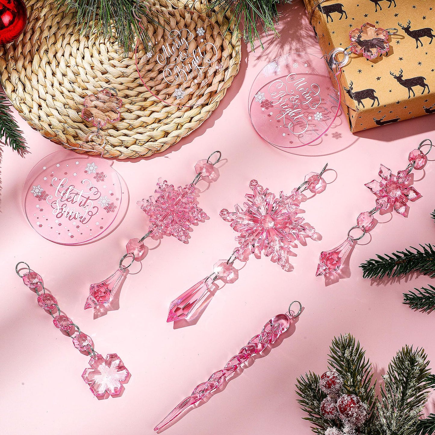 Cinnvoice 24 Pcs Christmas Pink Acrylic Snowflake Ornaments Decoration Set, Crystal Christmas Tree Hanging Pink Clear Flat Ornaments for Xmas Winter Holiday Craft Party Celebration
