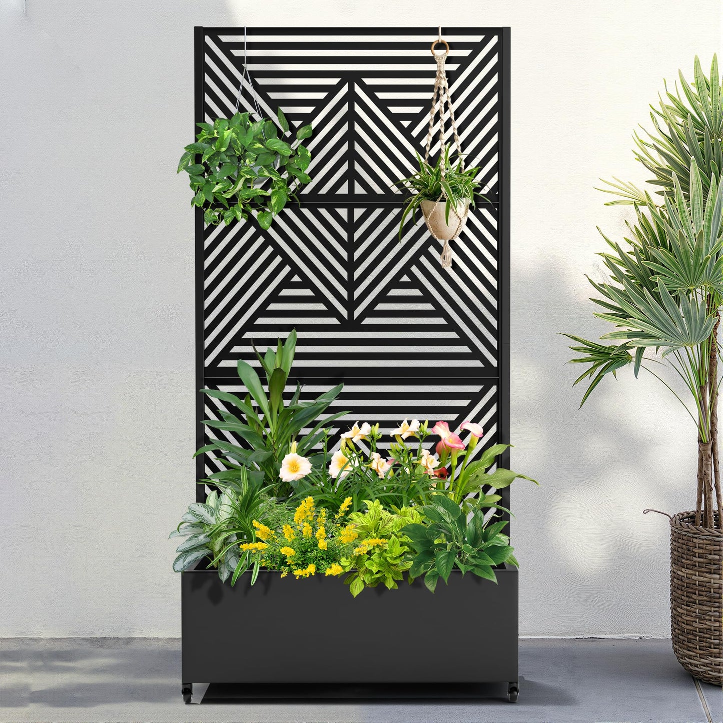 FENCY Metal Raised Garden Bed with Wheels and Trellis,73"x35"x16" Planter Box for Climbing Plants, Vegetables & Vines, Features Privacy Screen and Drainage Holes (Black-Modern)