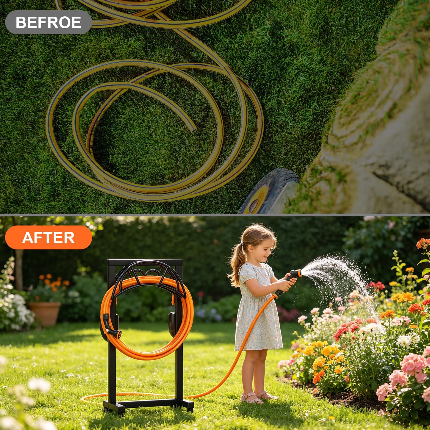 VyGrow Garden Hose Holder, Freestanding Heavy Duty Water Hose Holder for Outside, Upgraded Metal Hose Stand with 4 Spikes, Detachable Garden Hose Storage Hose Reel Rack, Black