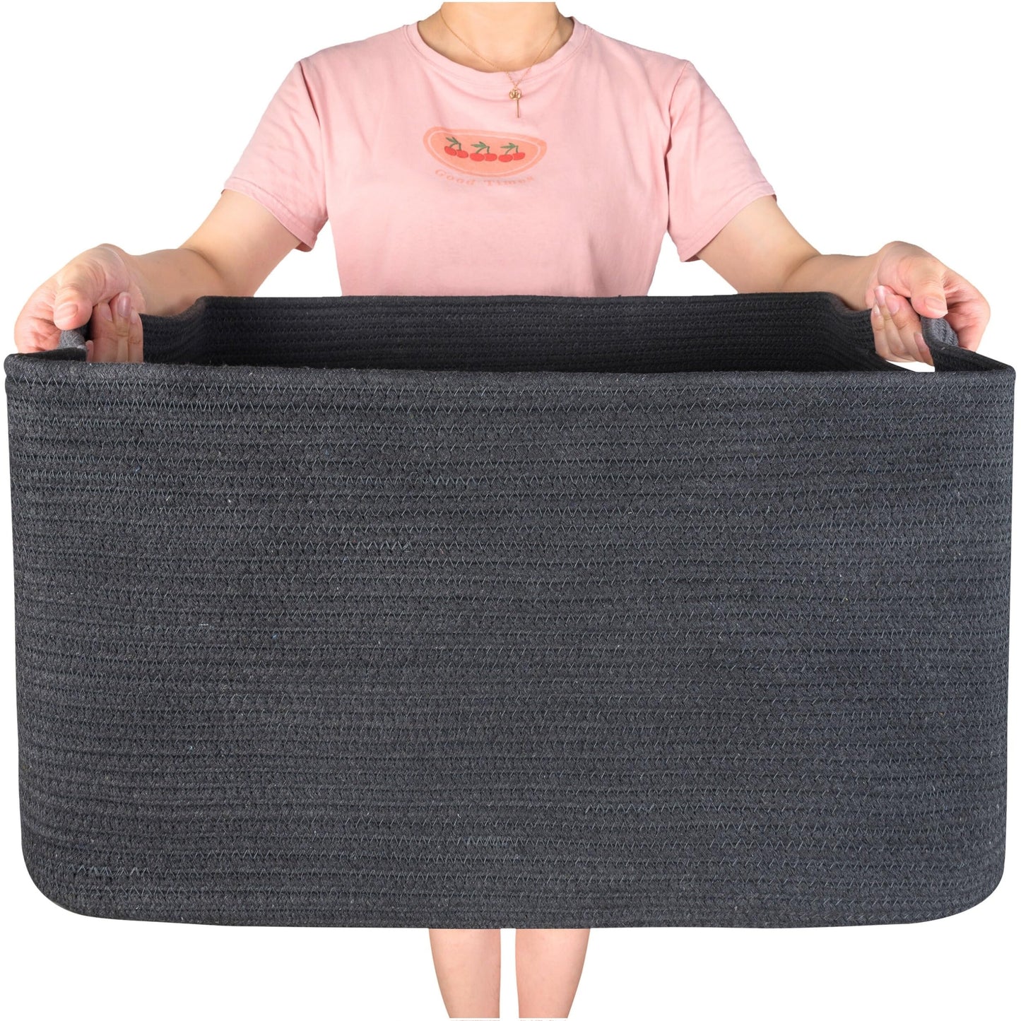 MINTWOOD Design 22in Extra Large Blanket Basket Holder Living Room, Rectangle Rope Woven Storage Basket with Handles for Laundry, Pool Towels, and Shoes, Dog Toy Organizer Bin Box, Charcoal