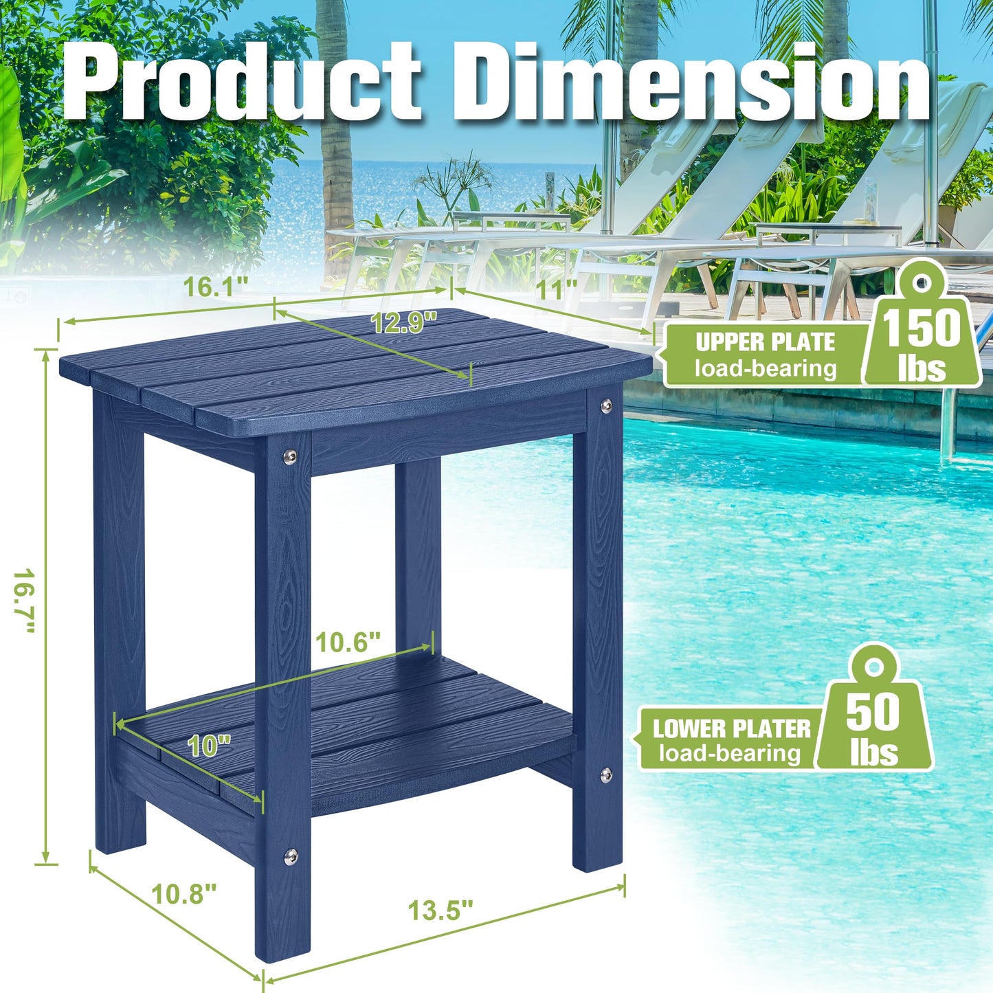 Y&M Outdoor Side Table, HIPS Adirondack Small Double Layer Table, Waterproof Square Outside Table, Balcony End Tables for Patio, Pool, Porch, Deck, Indoor or Outdoor Use, Navy Blue