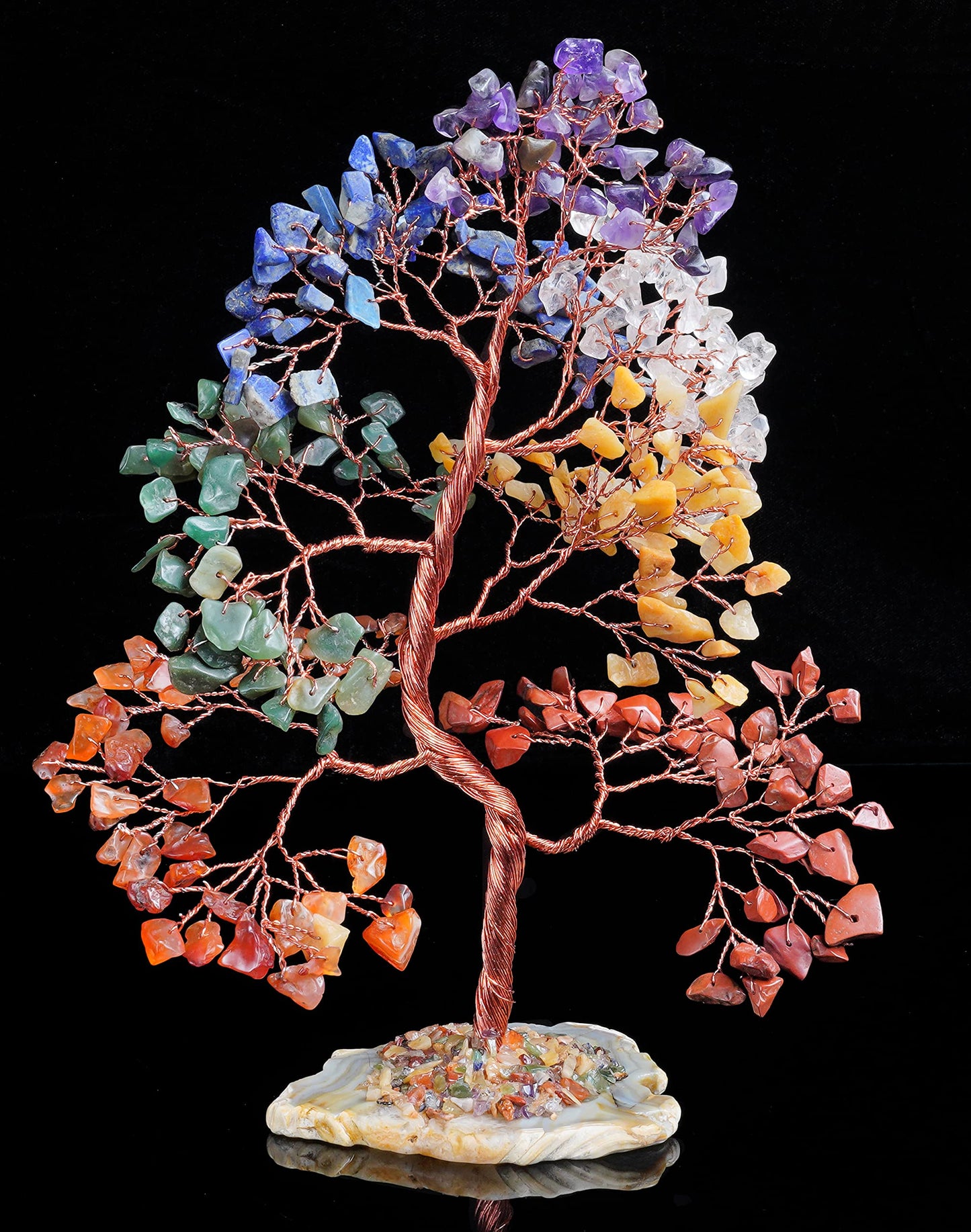 Crocon® 7 Chakra Tree of Life Spiritual Wisdom, Agate Slice Base, Handmade Crystal Tree for Positive Energy, Creativity, Seven Chakra Healing Stone, Attract Good Luck & Charm, Feng Shui Decor, Gifts