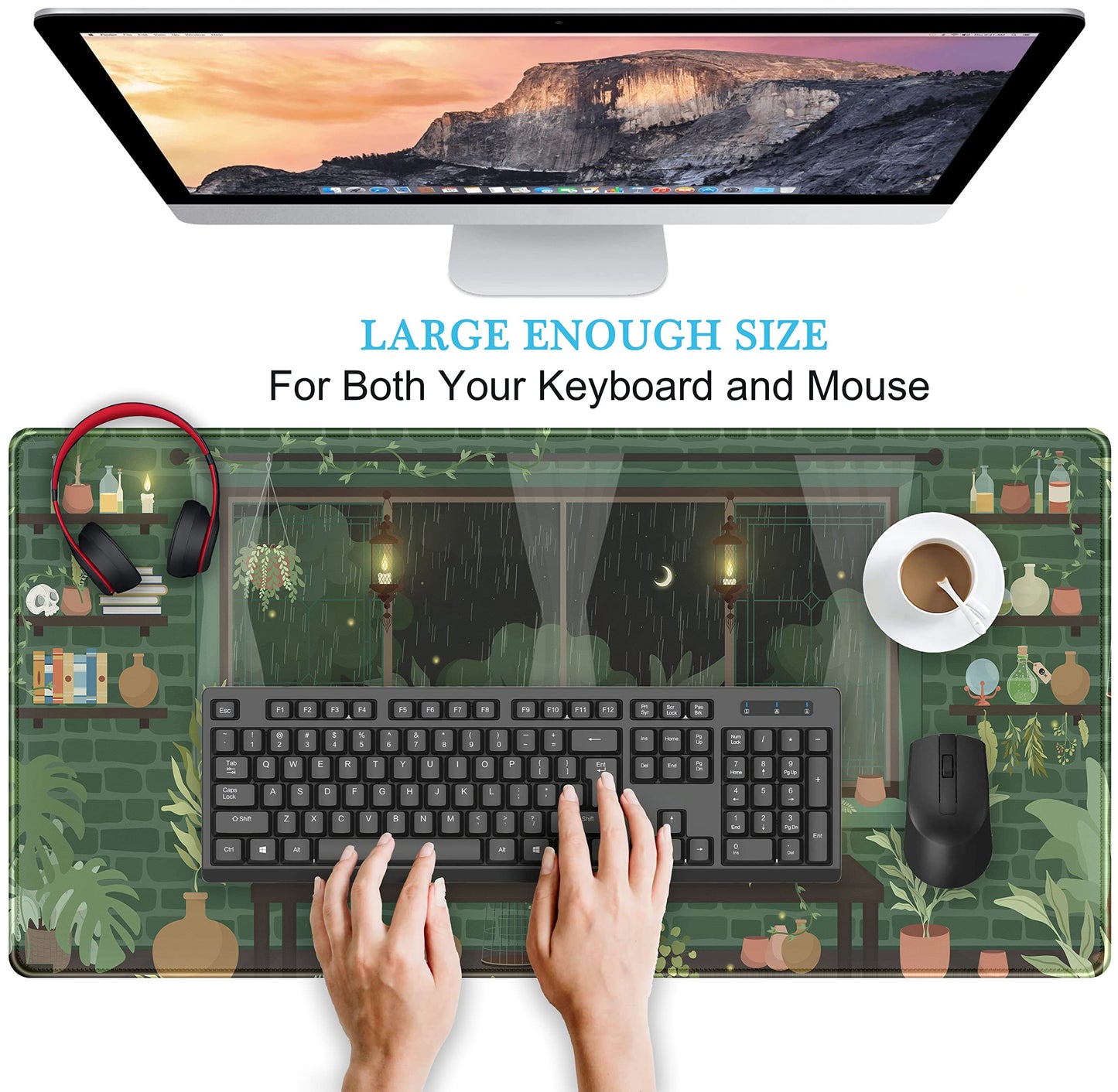 Cute Rainy Night Desk Mat Green Plants Desk Pad, Anime Black Cat Kawaii Large Gaming Mouse Pad, Moonlight Fireflies Deskmat Aesthetic Mousepad XXL, Laptop Keyboard Pad for Women Desk 31.5"x15.75"